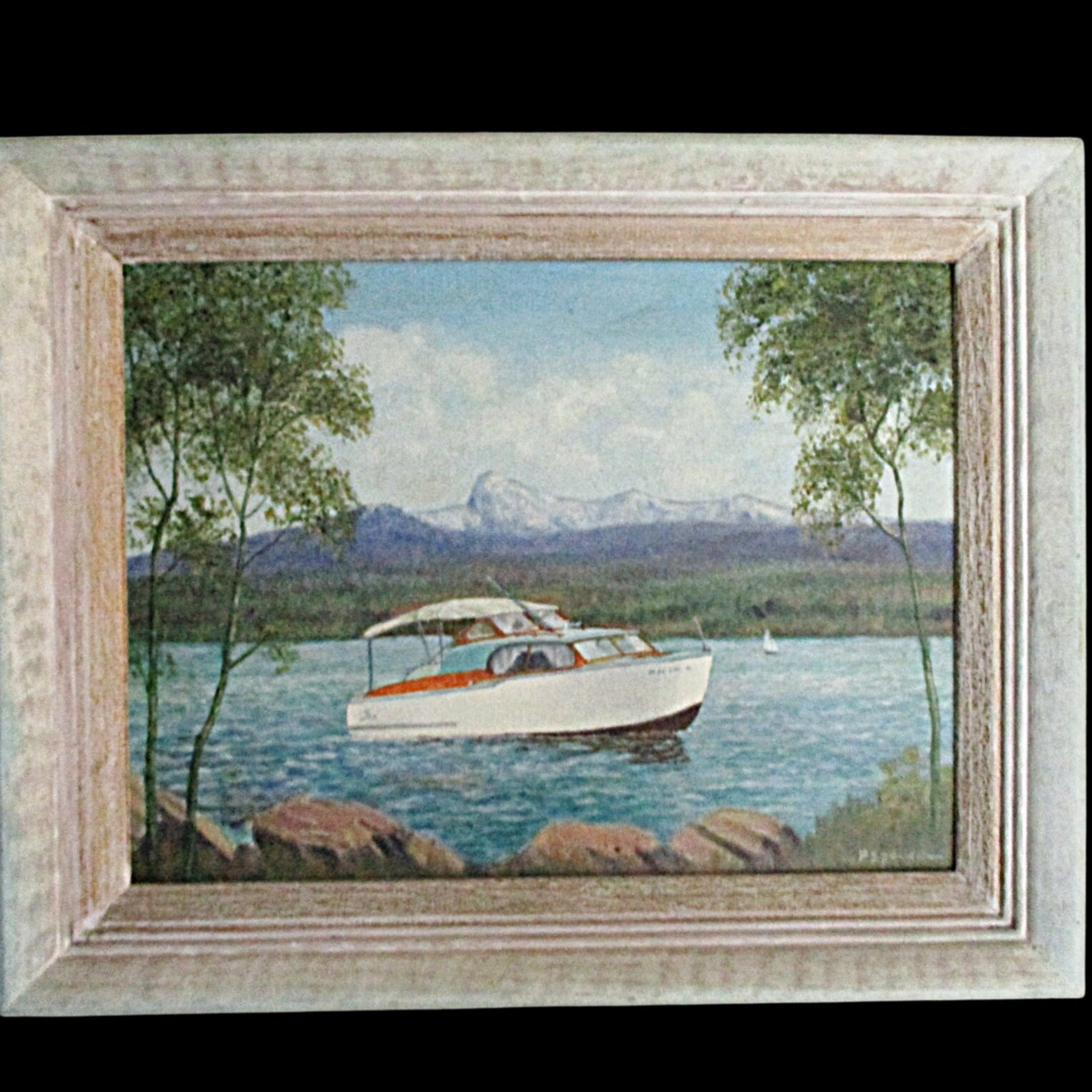 Original Oil Painting, Chris Craft Cabin Cruiser Boat, Signed and Framed, 1957 Chris Craft, Flybridge Sedan