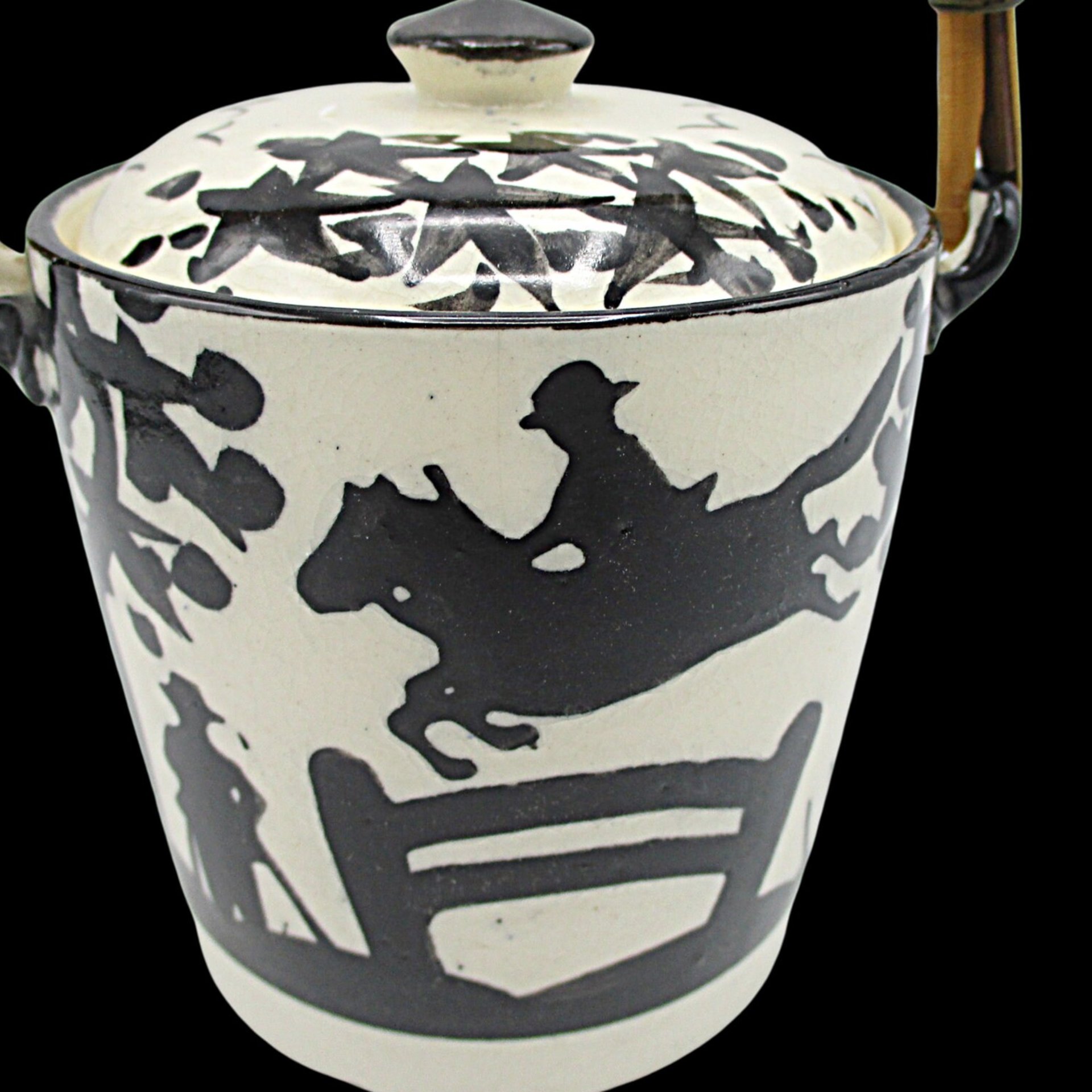 Tea Caddy, Rattan Handle, Equestrian Canister, Black and White, Fox Hunt, Horse Jumping, Marked Japan