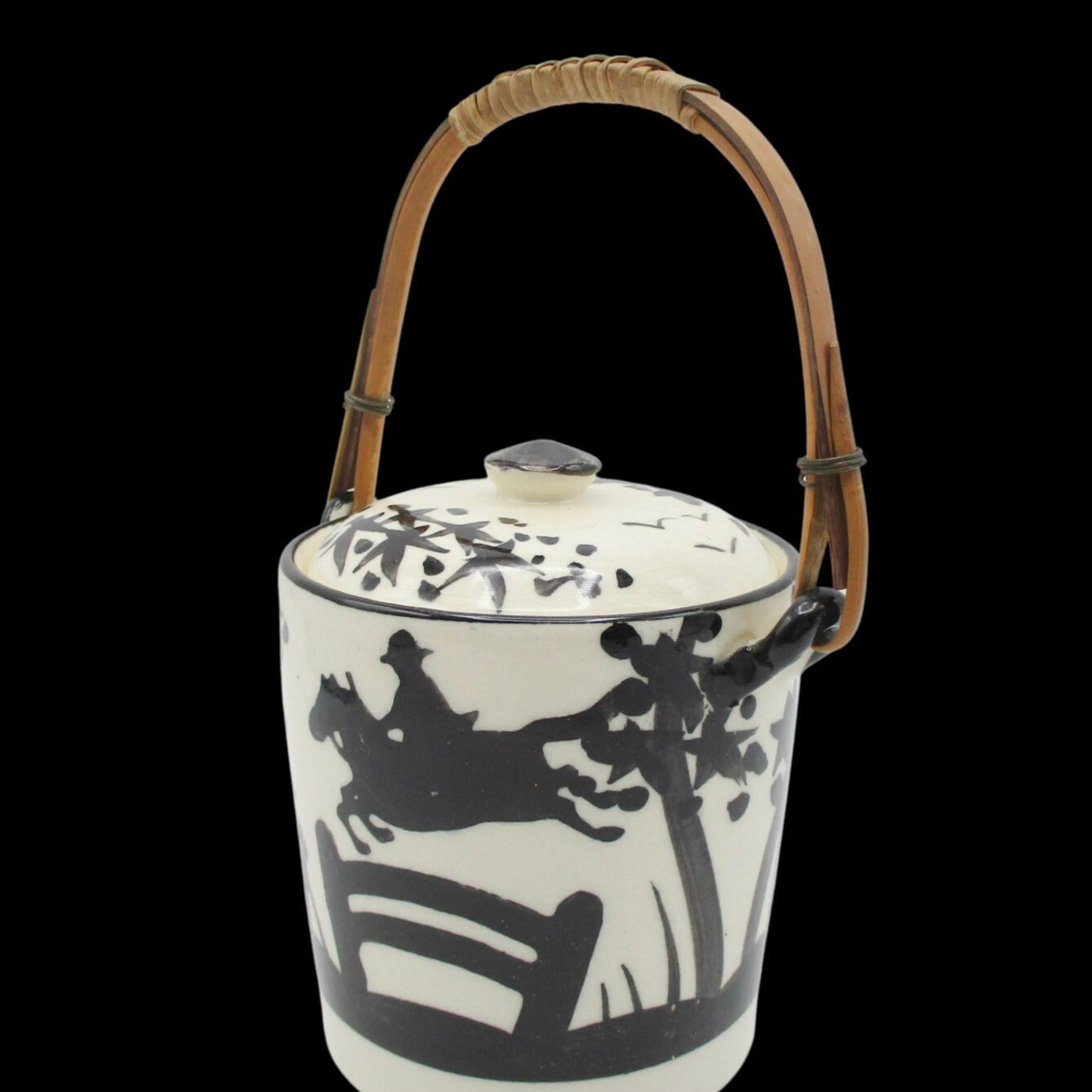 Tea Caddy, Rattan Handle, Equestrian Canister, Black and White, Fox Hunt, Horse Jumping, Marked Japan