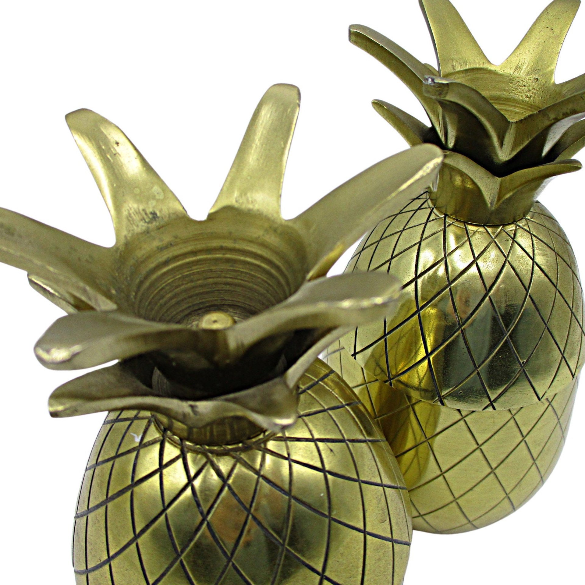 Brass Pineapples, Candle Holders, 6 Inch, Open for Storage, Mantel Decor, Hospitality Gift, Tablescaping, Tropical Decor, Set of 2