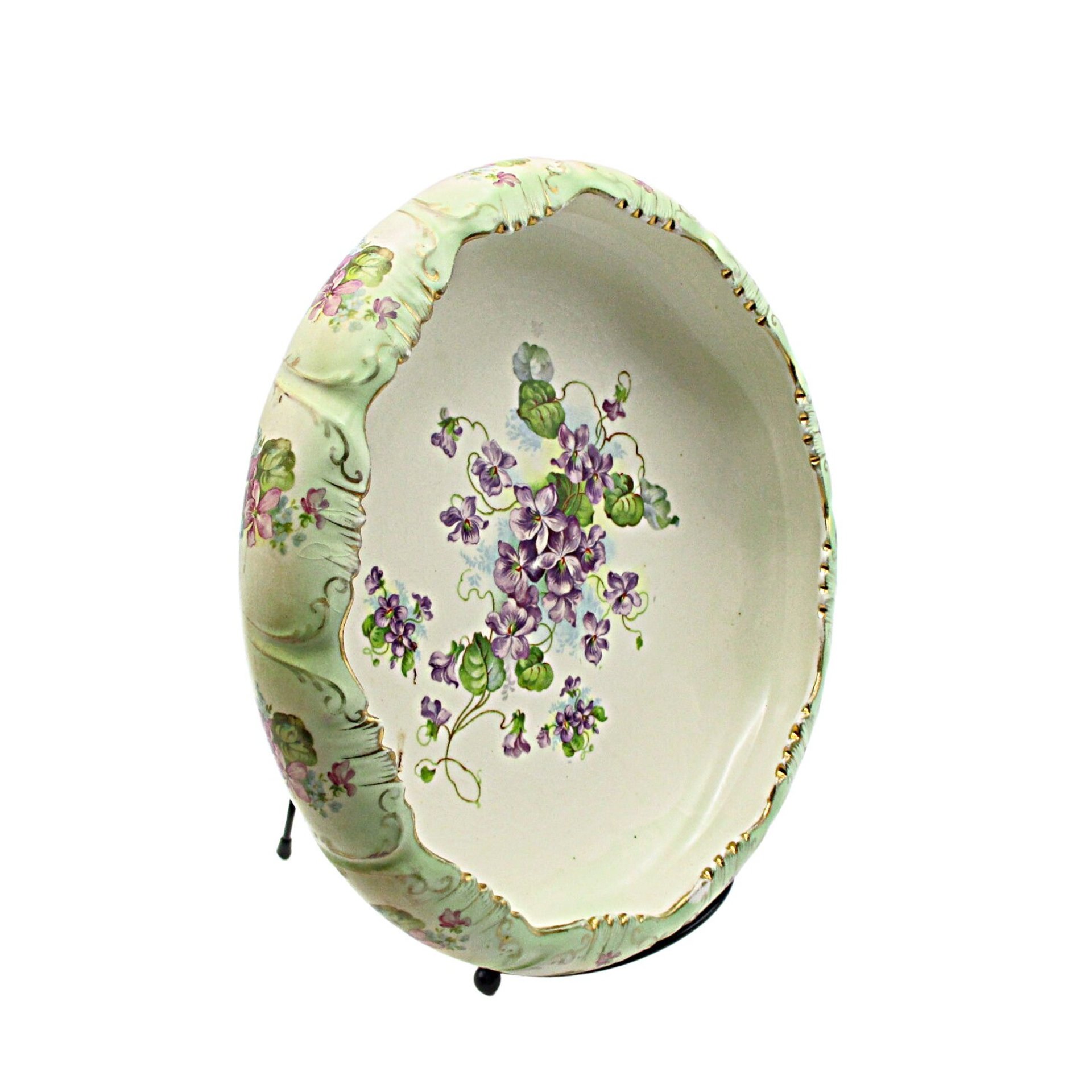 Antique Bowl or Dresser Dish Stoke on Trent England, Green with Purple Flowers, Curled Scalloped Edges, Gold Gilt Trim, 9 Inch Diameter