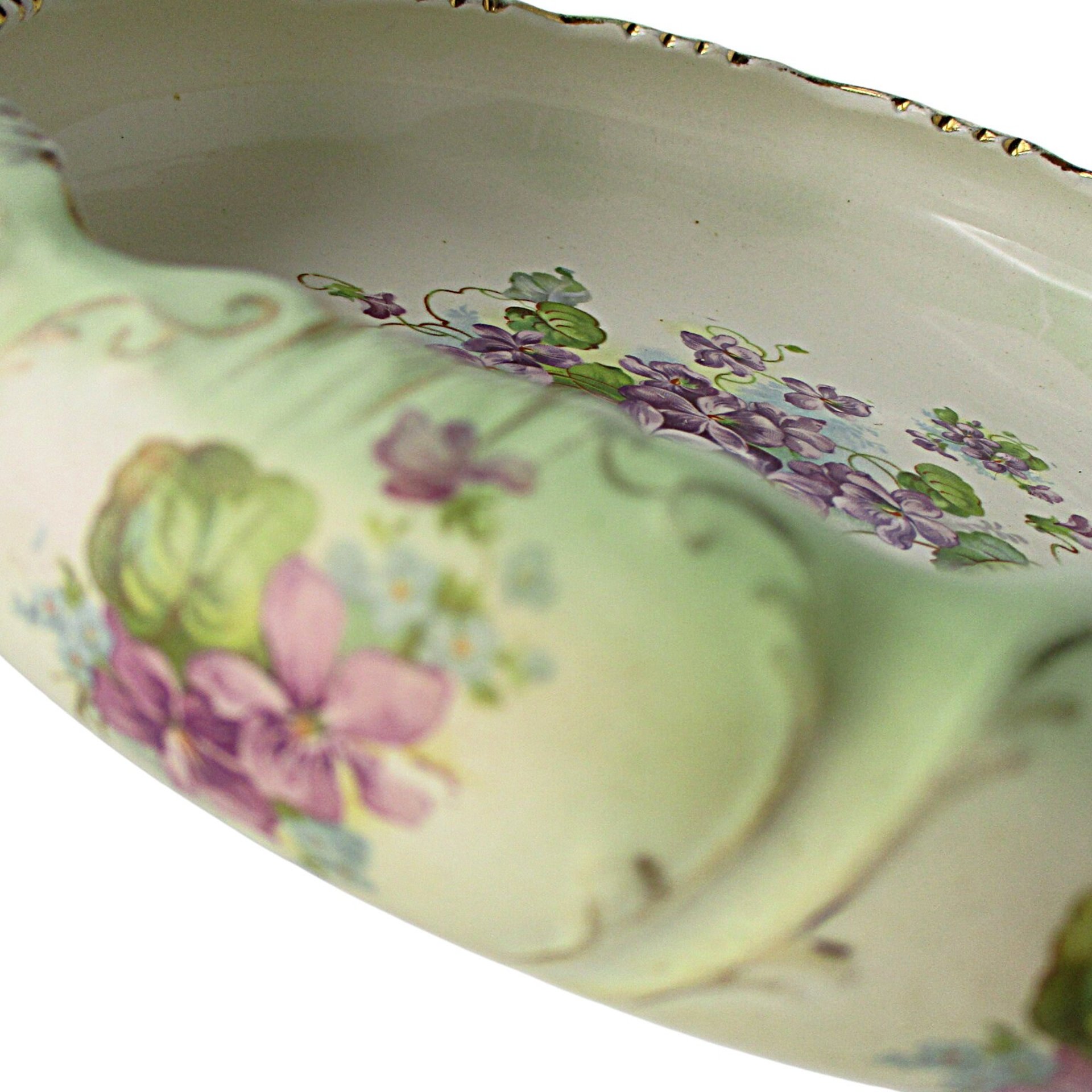 Antique Bowl or Dresser Dish Stoke on Trent England, Green with Purple Flowers, Curled Scalloped Edges, Gold Gilt Trim, 9 Inch Diameter