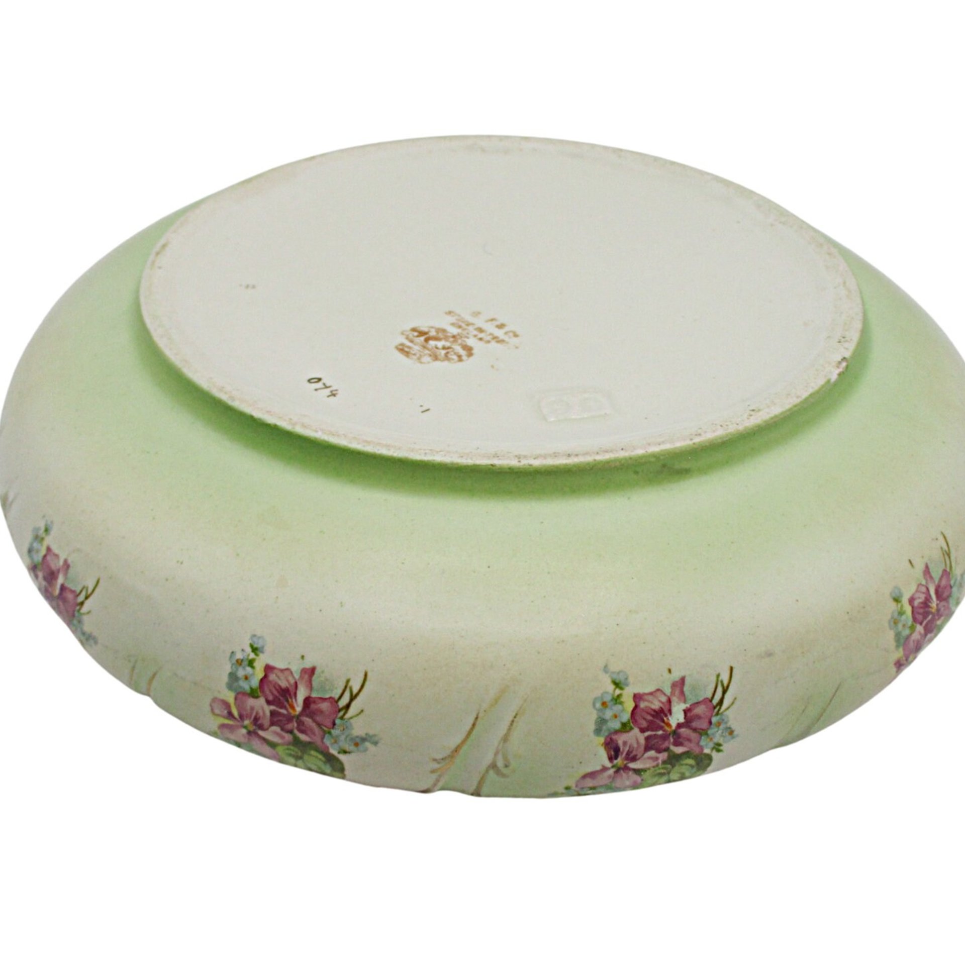 Antique Bowl or Dresser Dish Stoke on Trent England, Green with Purple Flowers, Curled Scalloped Edges, Gold Gilt Trim, 9 Inch Diameter