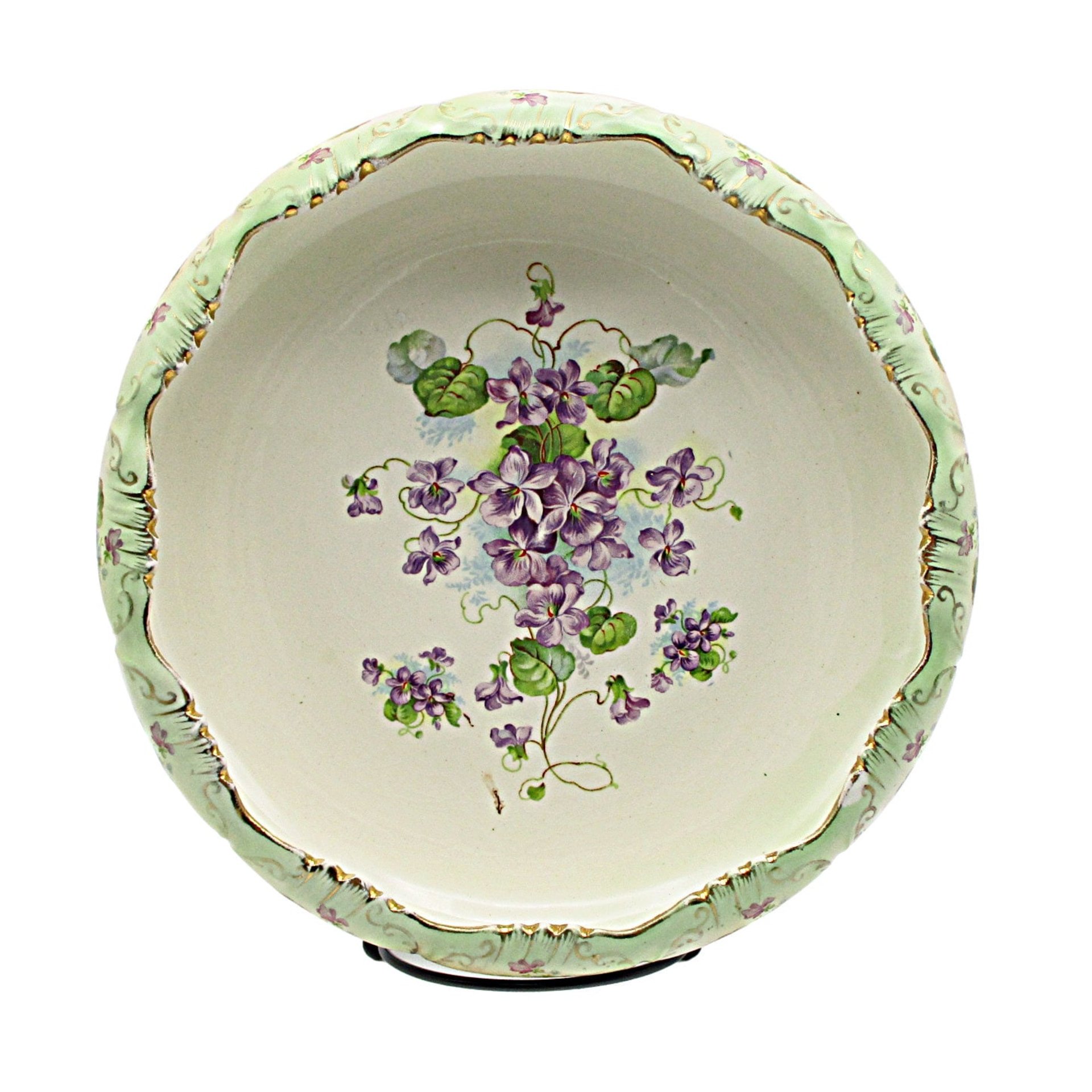 Antique Bowl or Dresser Dish Stoke on Trent England, Green with Purple Flowers, Curled Scalloped Edges, Gold Gilt Trim, 9 Inch Diameter
