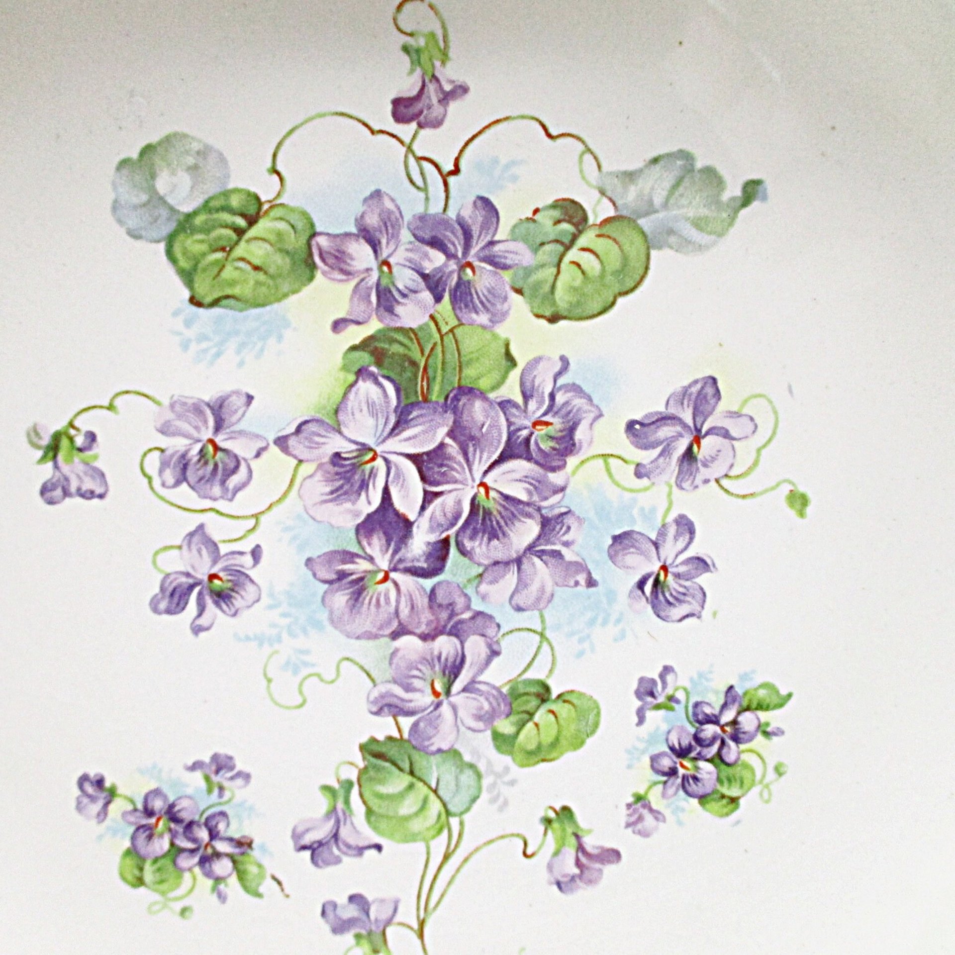 Antique Bowl or Dresser Dish Stoke on Trent England, Green with Purple Flowers, Curled Scalloped Edges, Gold Gilt Trim, 9 Inch Diameter