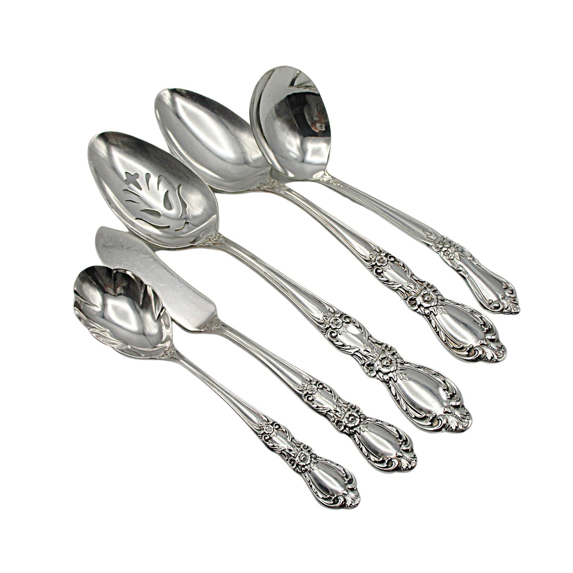 Roger Bro Heritage Hostess Set Silver Plate, 5pc, Slotted and Serving Spoon, Ladle, Butter Knife, Sugar Spoon, Wonderful Condition