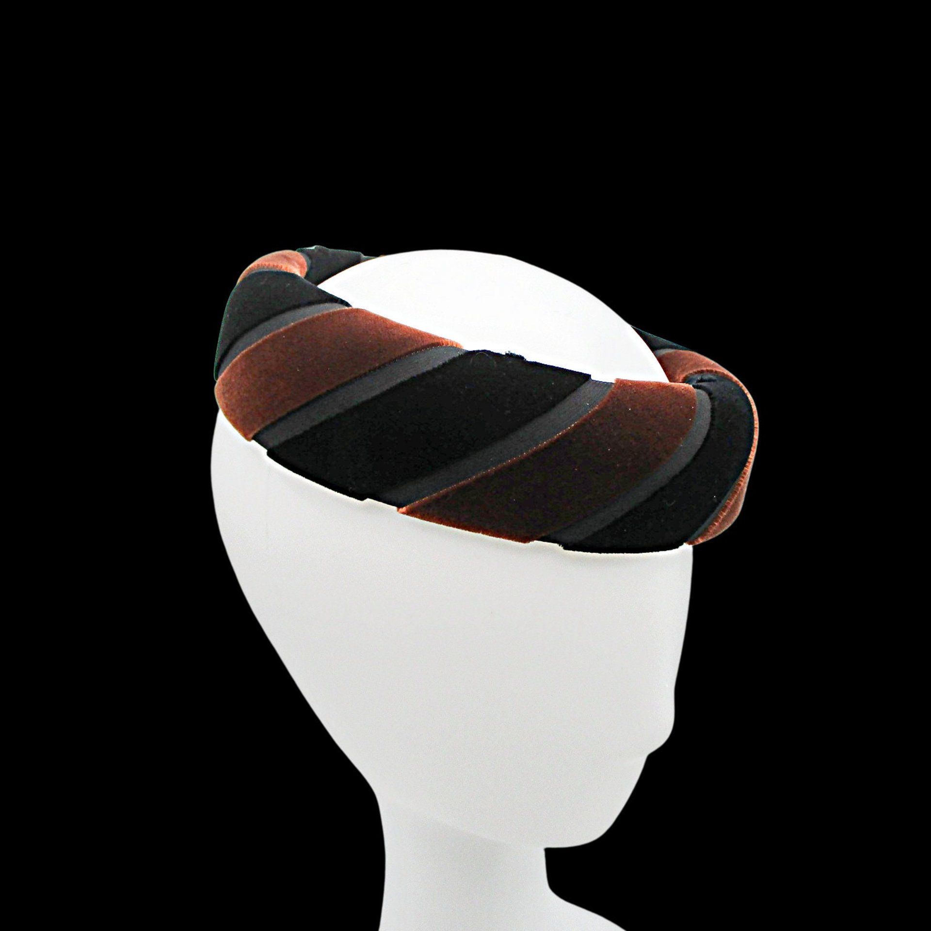 Vintage Ladies Hat, Black and Brown, Velvet, Bandeau Style, Pillbox Hat, 1970s