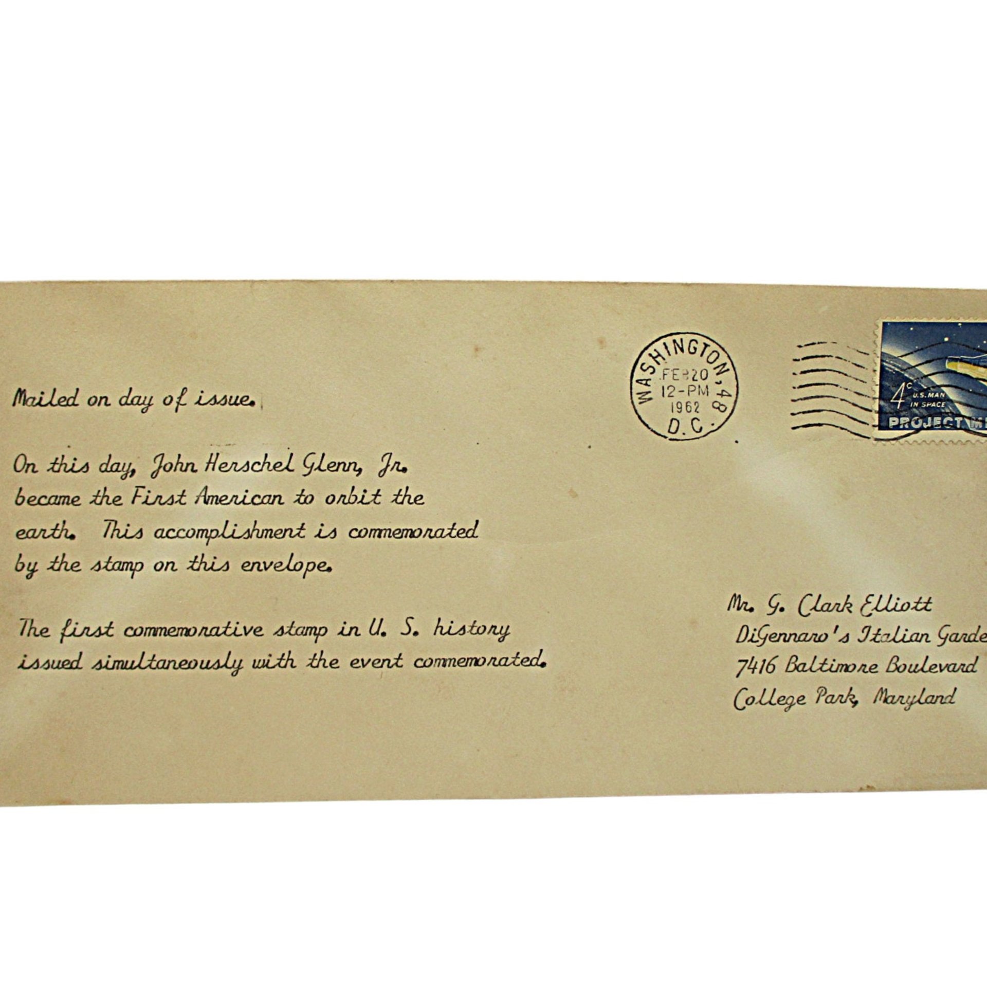 1962 Postage Stamp, Commemorative Stamp for First Orbit Around Earth, John Glenn, Project Mercury, Mailed Date of Issue and Orbit, NASA