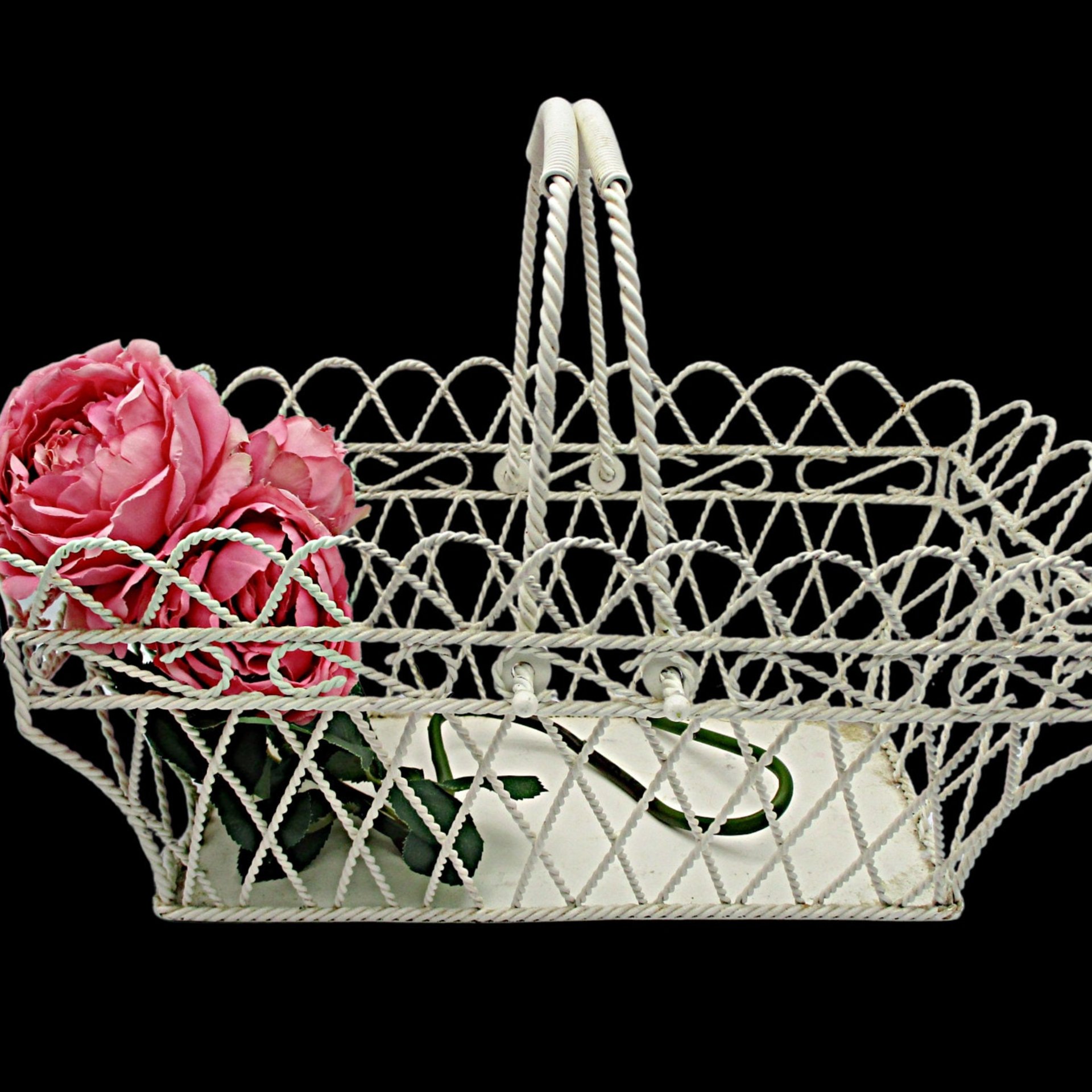 Wire Basket, Double Handled, Twisted Metal, Flower Holder, Solid Bottom, Lattice Sides, 15in X 9in, Farmhouse Cottage Decor