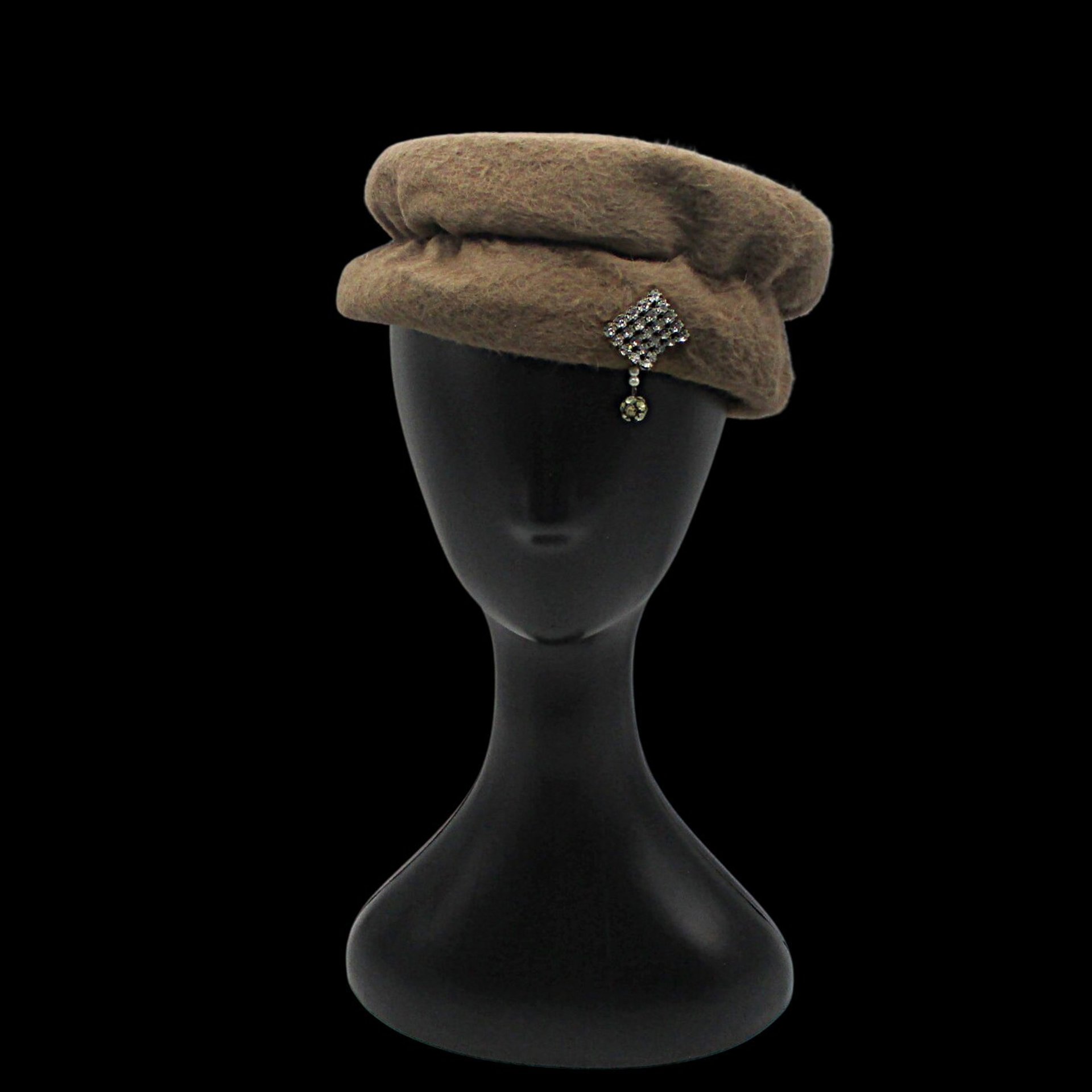Vintage Pillbox Hat, Faux Fur, Rhinestone Drop Accent, Great Condition, Size 22, Dark Camel Color