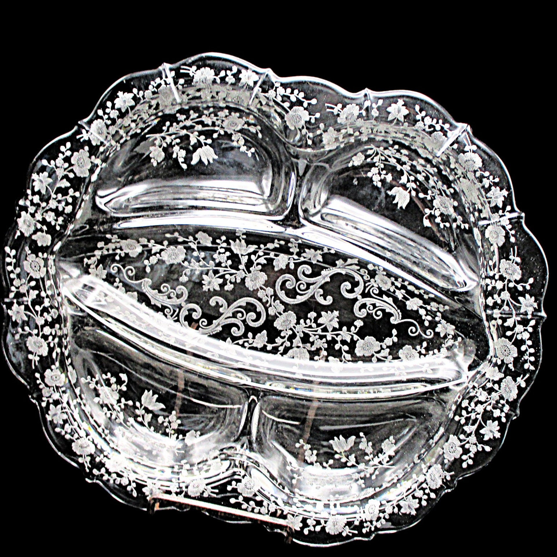 Cambridge Chantilly, Large Relish Dish, 5 Sectioned, Etched Crystal, Divided Platter, Excellent Condition, Wedding Gift