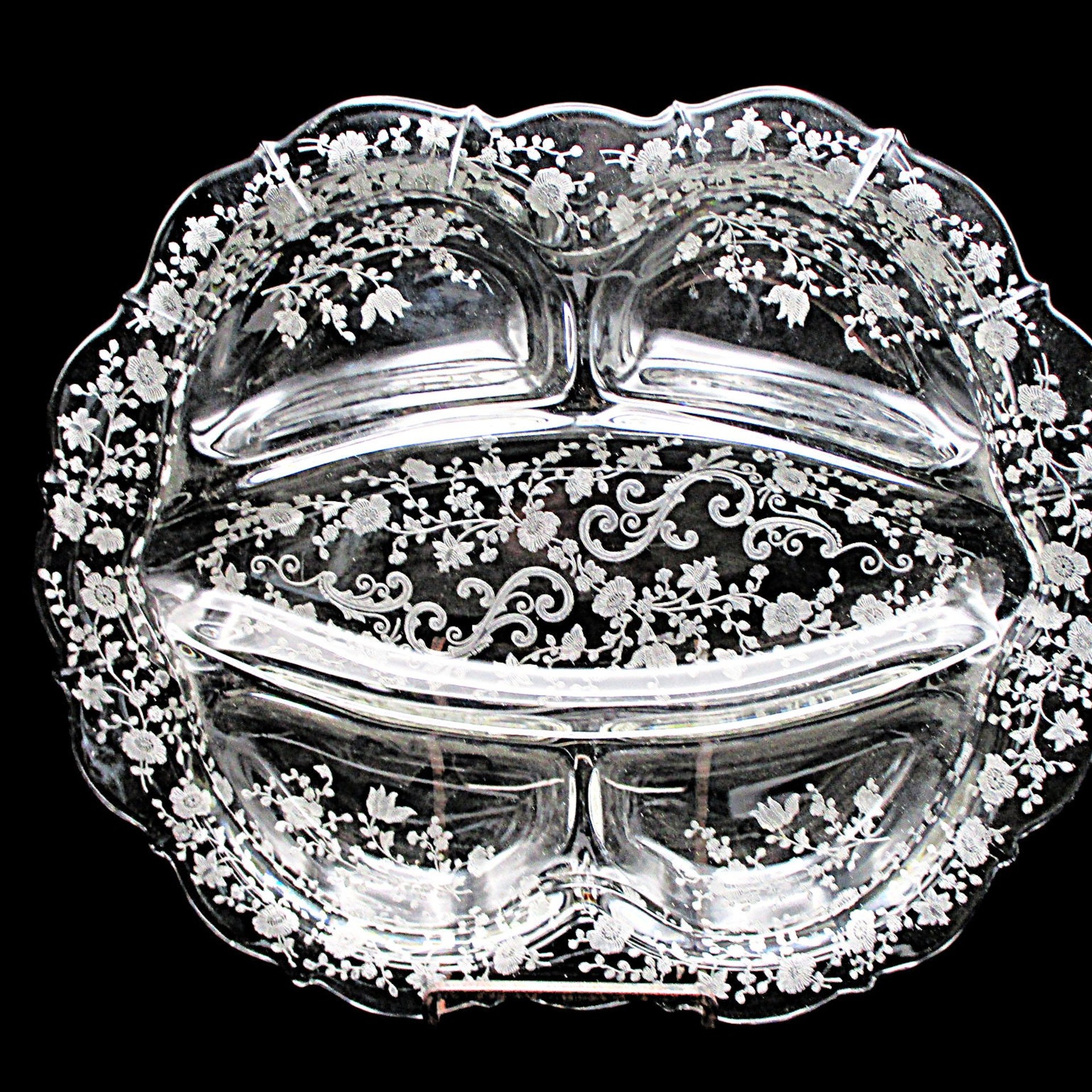 Cambridge Chantilly, Large Relish Dish, 5 Sectioned, Etched Crystal, Divided Platter, Excellent Condition, Wedding Gift