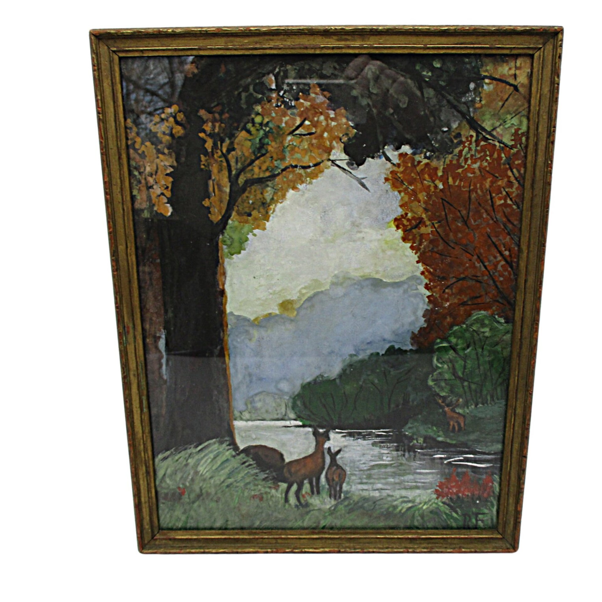 Wildlife Print, Watercolor? Framed Under Glass, Deer by Lake, with Trees, Serene , Deep Rich Colors, Lake House or Cabin Wall Decor