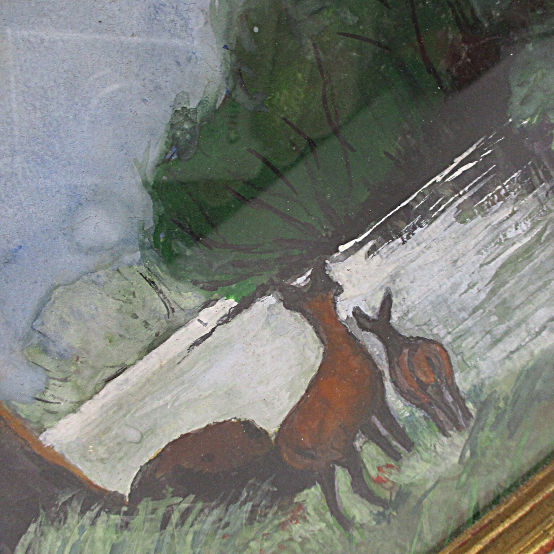 Wildlife Print, Watercolor? Framed Under Glass, Deer by Lake, with Trees, Serene , Deep Rich Colors, Lake House or Cabin Wall Decor
