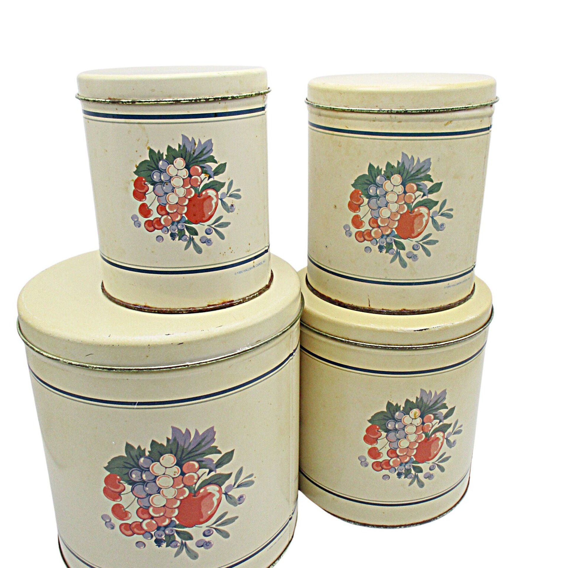 Metal Canisters, Set of 4, Hallmark 1990, Floral Decor, Beige, Stackable, Farmhouse or Country Kitchen Decor