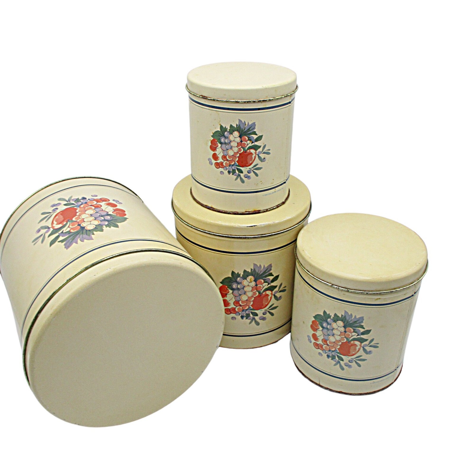 Metal Canisters, Set of 4, Hallmark 1990, Floral Decor, Beige, Stackable, Farmhouse or Country Kitchen Decor