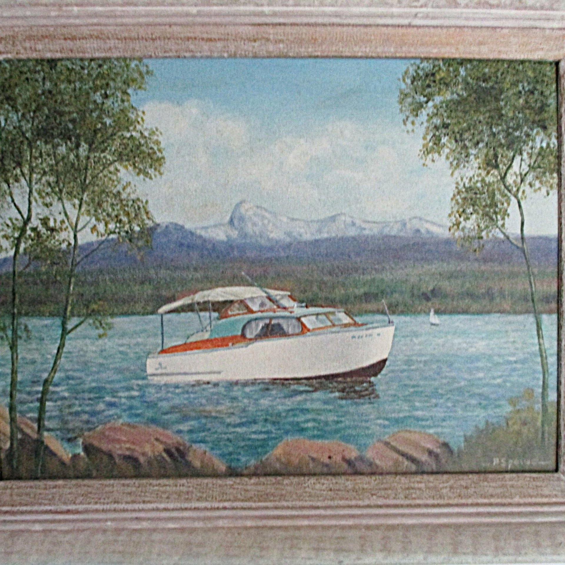 Original Oil Painting, Chris Craft Cabin Cruiser Boat, Signed and Framed, 1957 Chris Craft, Flybridge Sedan