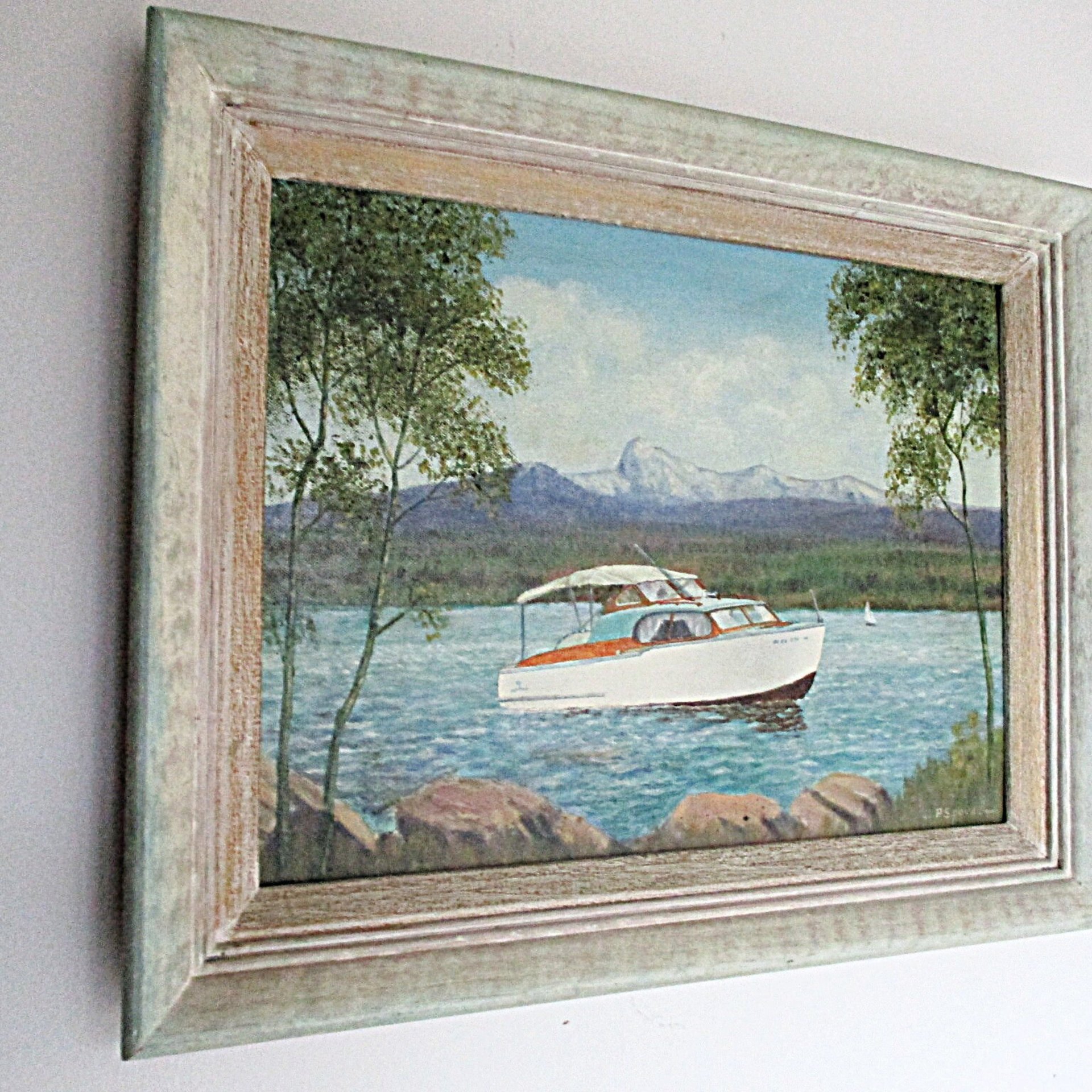 Original Oil Painting, Chris Craft Cabin Cruiser Boat, Signed and Framed, 1957 Chris Craft, Flybridge Sedan