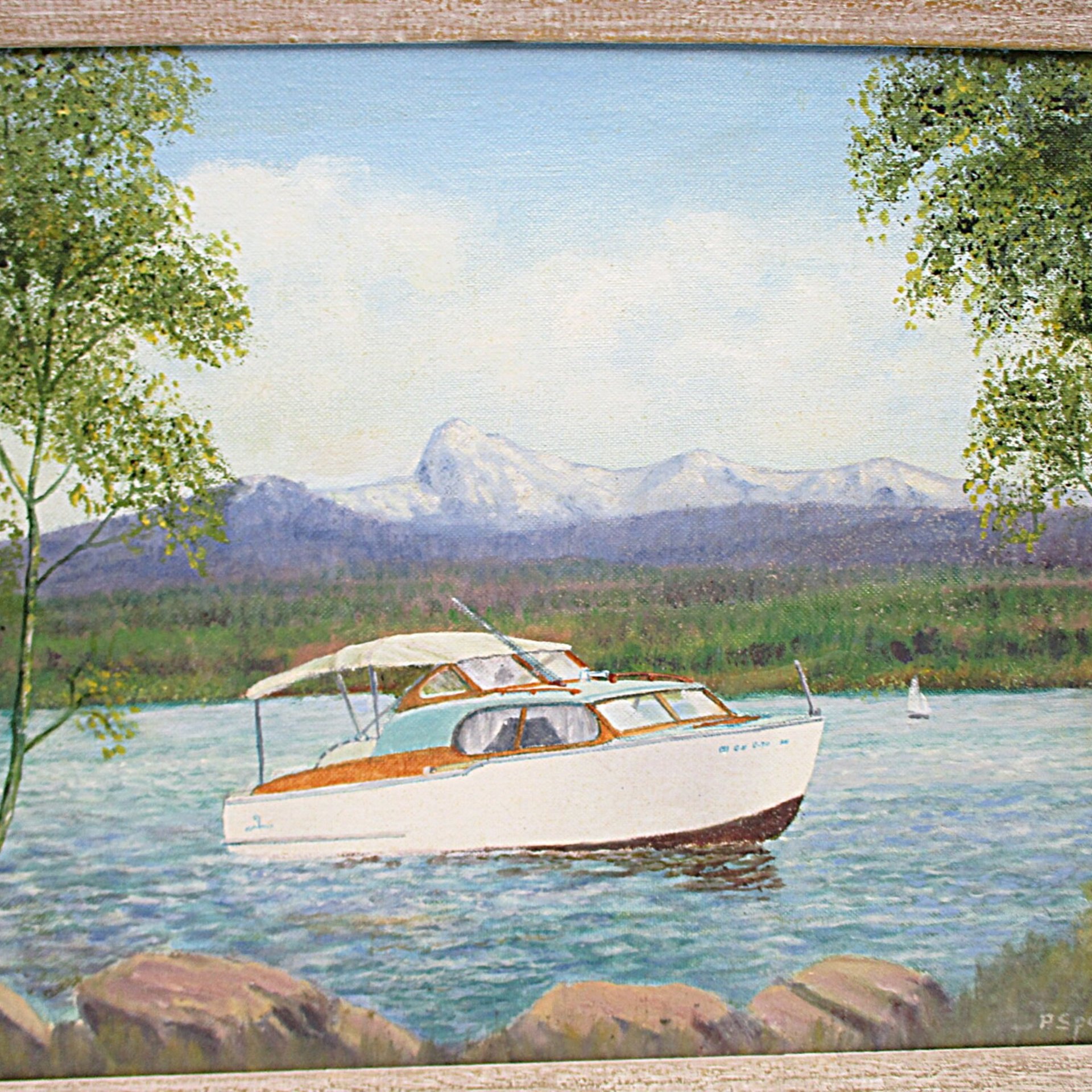 Original Oil Painting, Chris Craft Cabin Cruiser Boat, Signed and Framed, 1957 Chris Craft, Flybridge Sedan