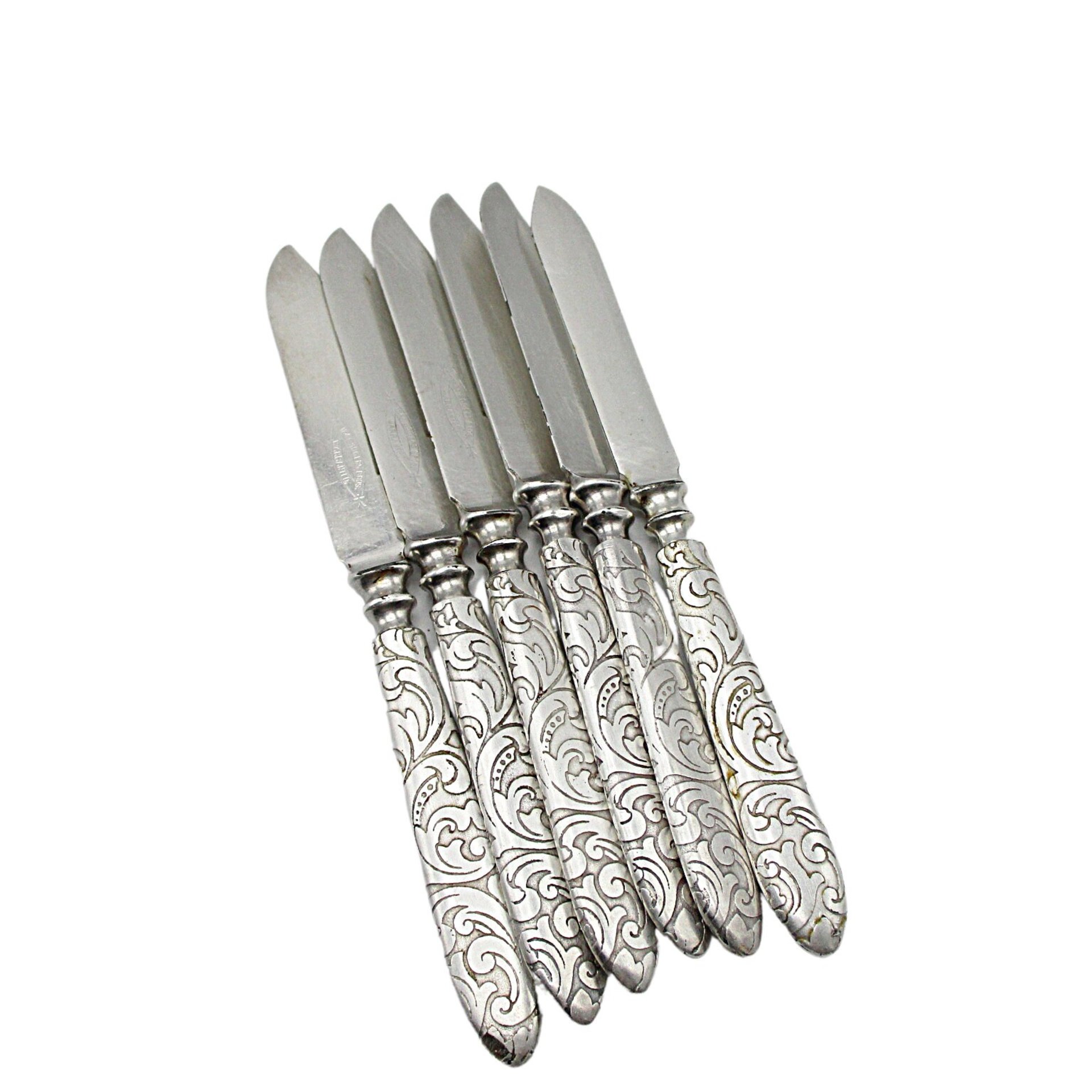 Rogers Silver Plate Arabesque Fruit Knives, Set of 6, Ornate Handles, Antique, Late 1800s