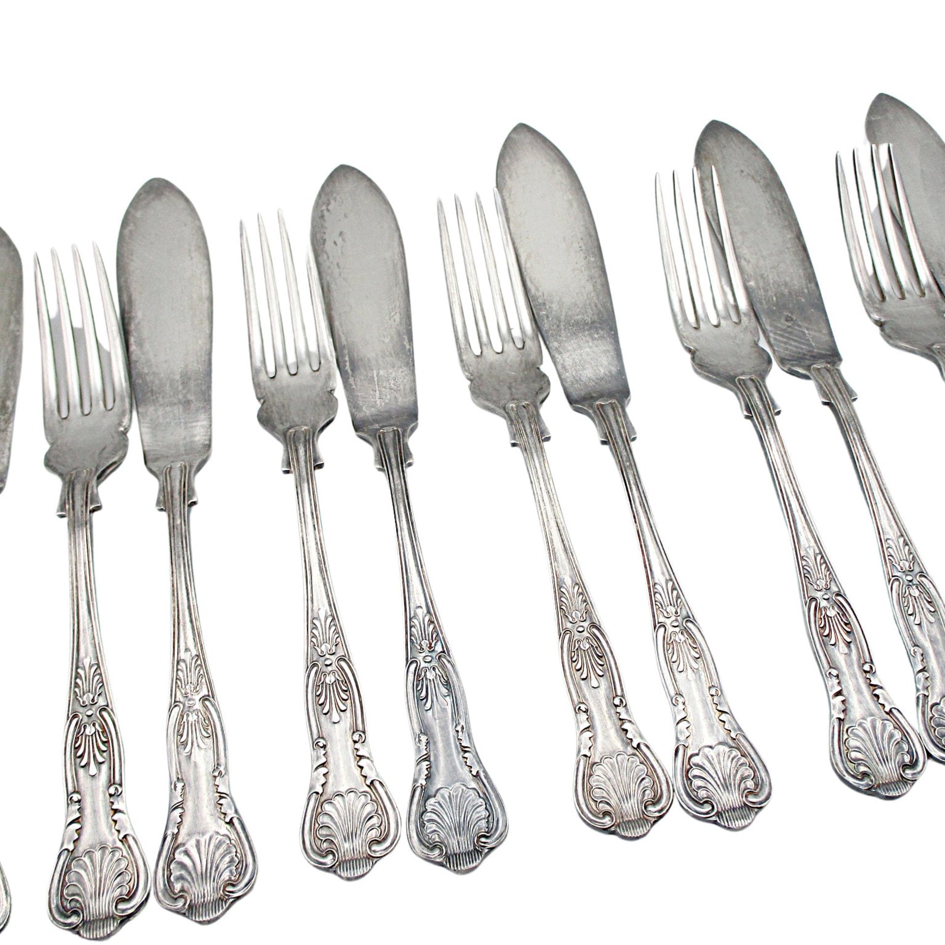 PM EPNS Silver Plate Flatware, Kings Pattern, 12pc Fish Serving Set, 6 Fish Knives, 6 Fish Forks, Philip Marks of Sheffield England