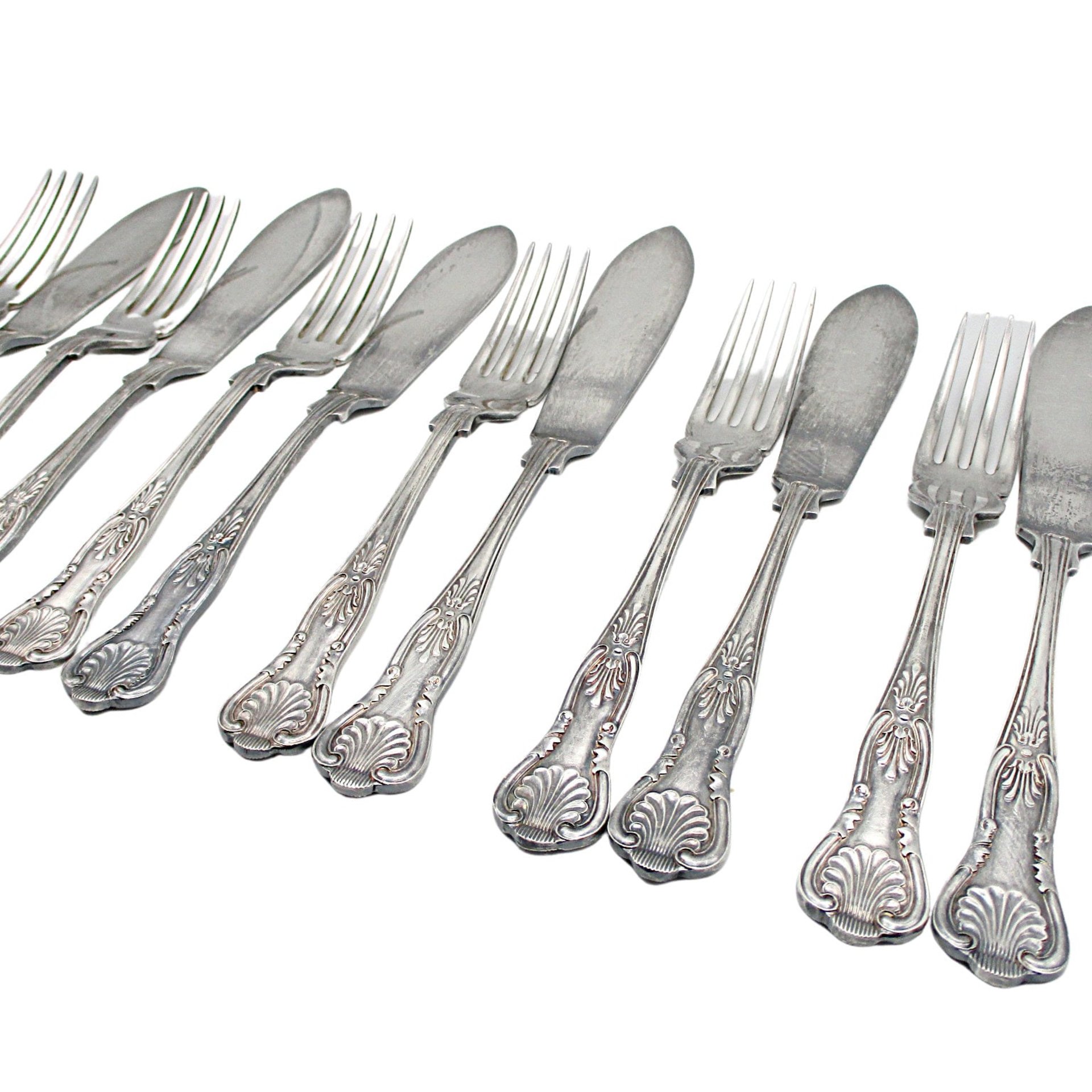 PM EPNS Silver Plate Flatware, Kings Pattern, 12pc Fish Serving Set, 6 Fish Knives, 6 Fish Forks, Philip Marks of Sheffield England