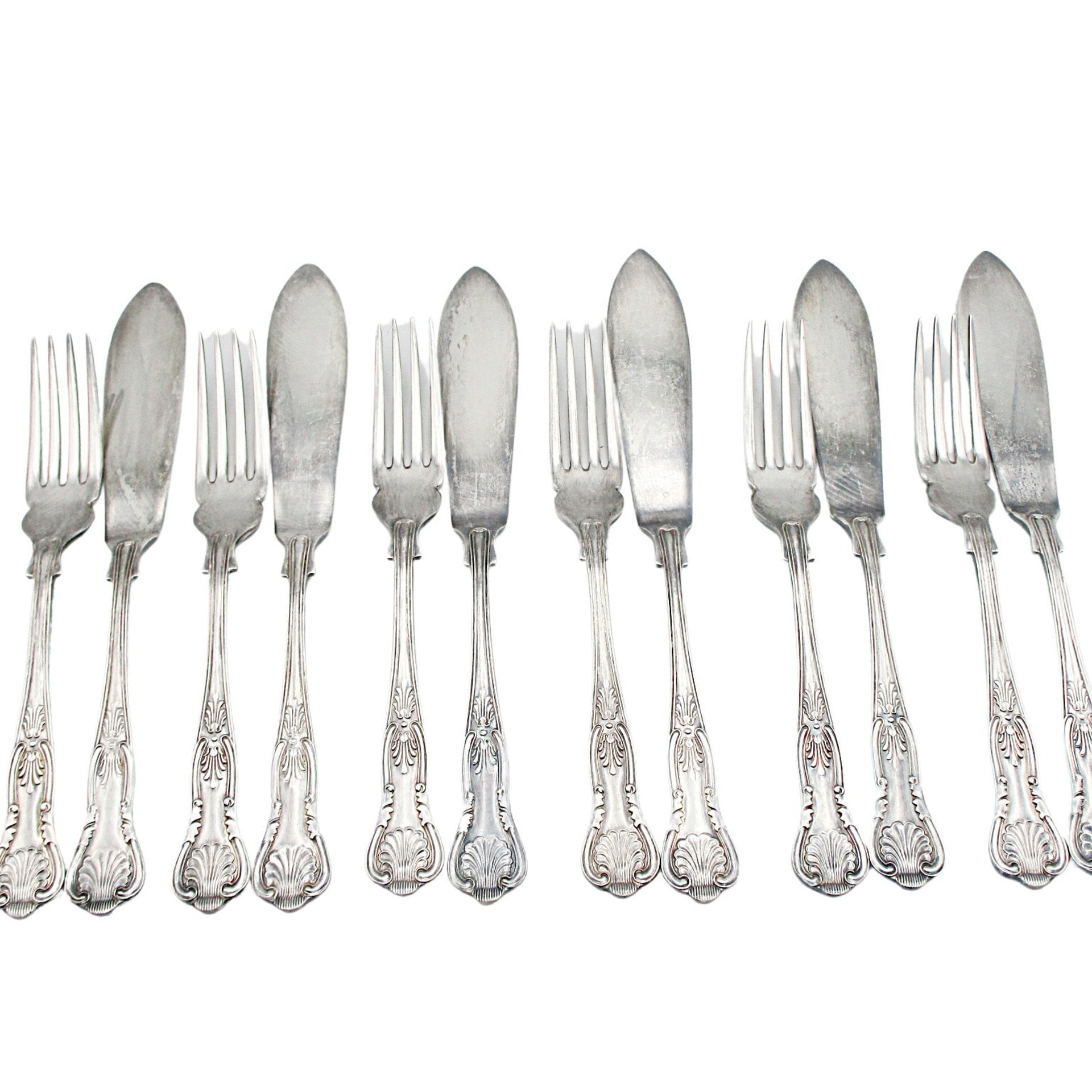 PM EPNS Silver Plate Flatware, Kings Pattern, 12pc Fish Serving Set, 6 Fish Knives, 6 Fish Forks, Philip Marks of Sheffield England