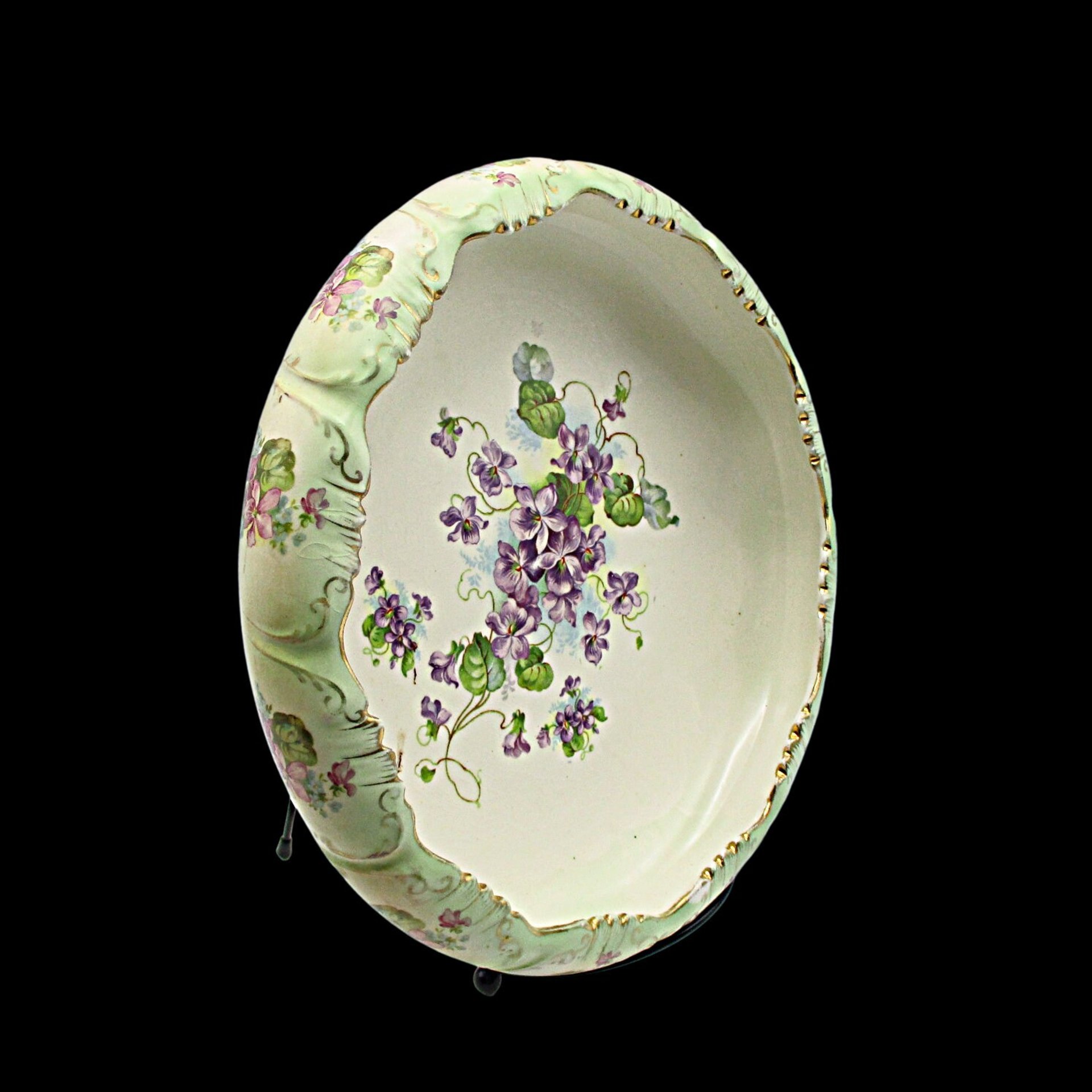 Antique Bowl or Dresser Dish Stoke on Trent England, Green with Purple Flowers, Curled Scalloped Edges, Gold Gilt Trim, 9 Inch Diameter