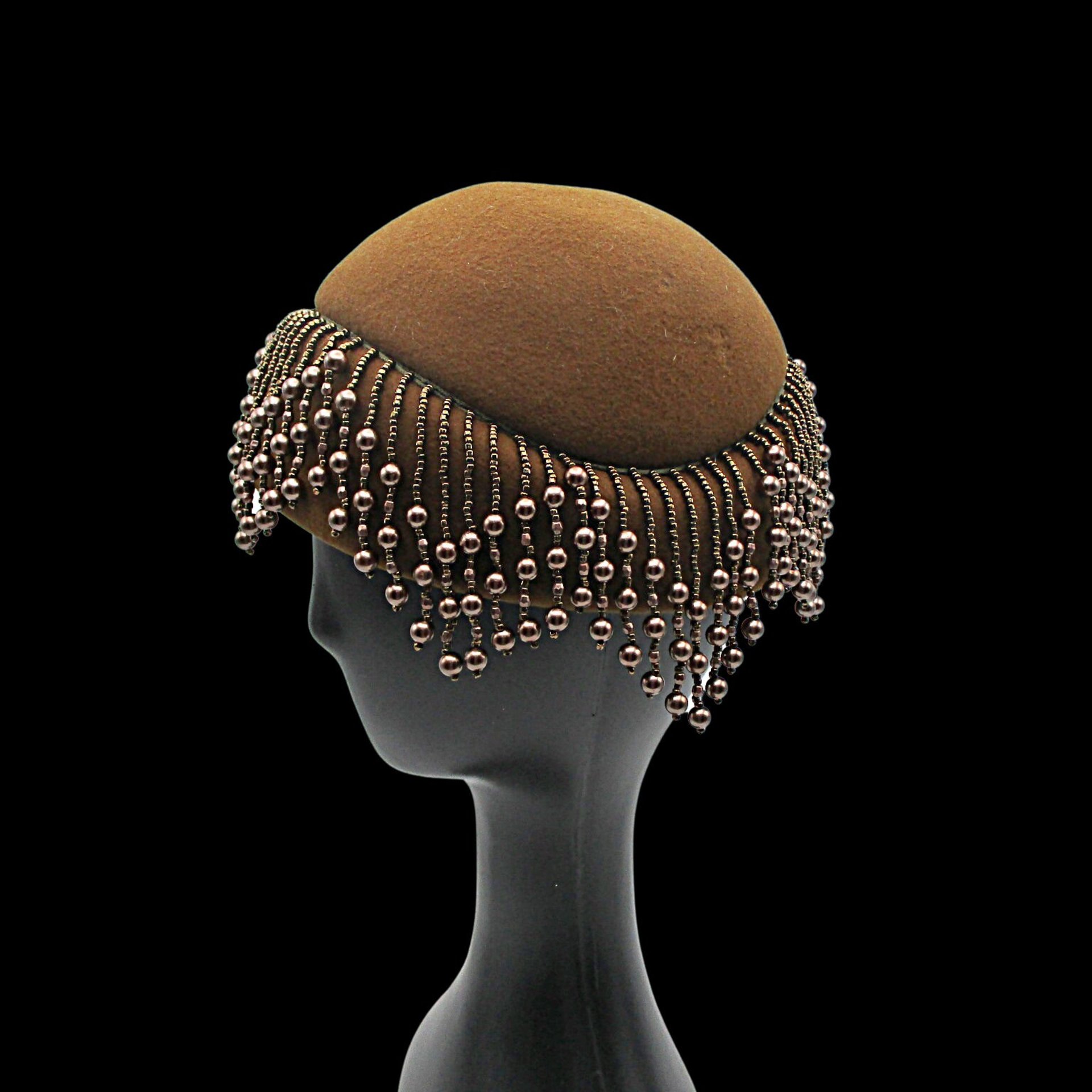 Mid Century, Beaded Hat or Cap, Gatsby Look, Graduated Hanging Beadwork, Beaded Flapper Hat, Cloche Hat, Rich Copper Wool