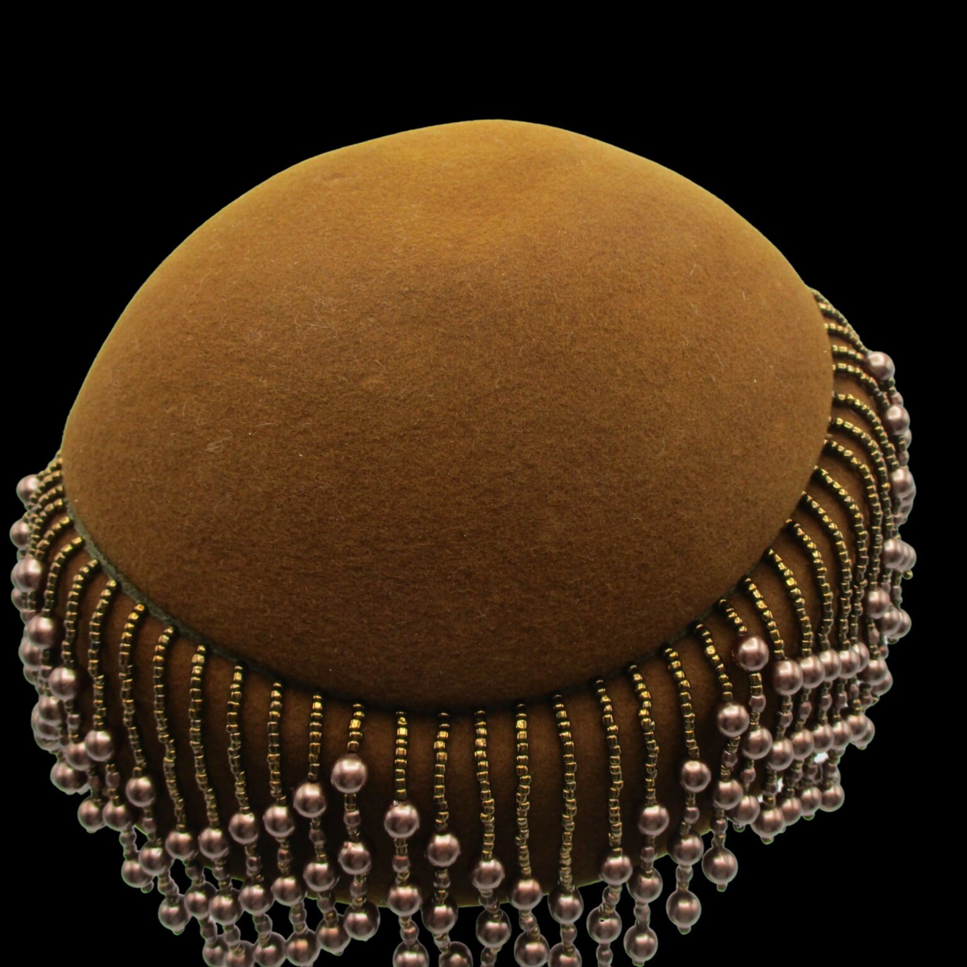 Mid Century, Beaded Hat or Cap, Gatsby Look, Graduated Hanging Beadwork, Beaded Flapper Hat, Cloche Hat, Rich Copper Wool