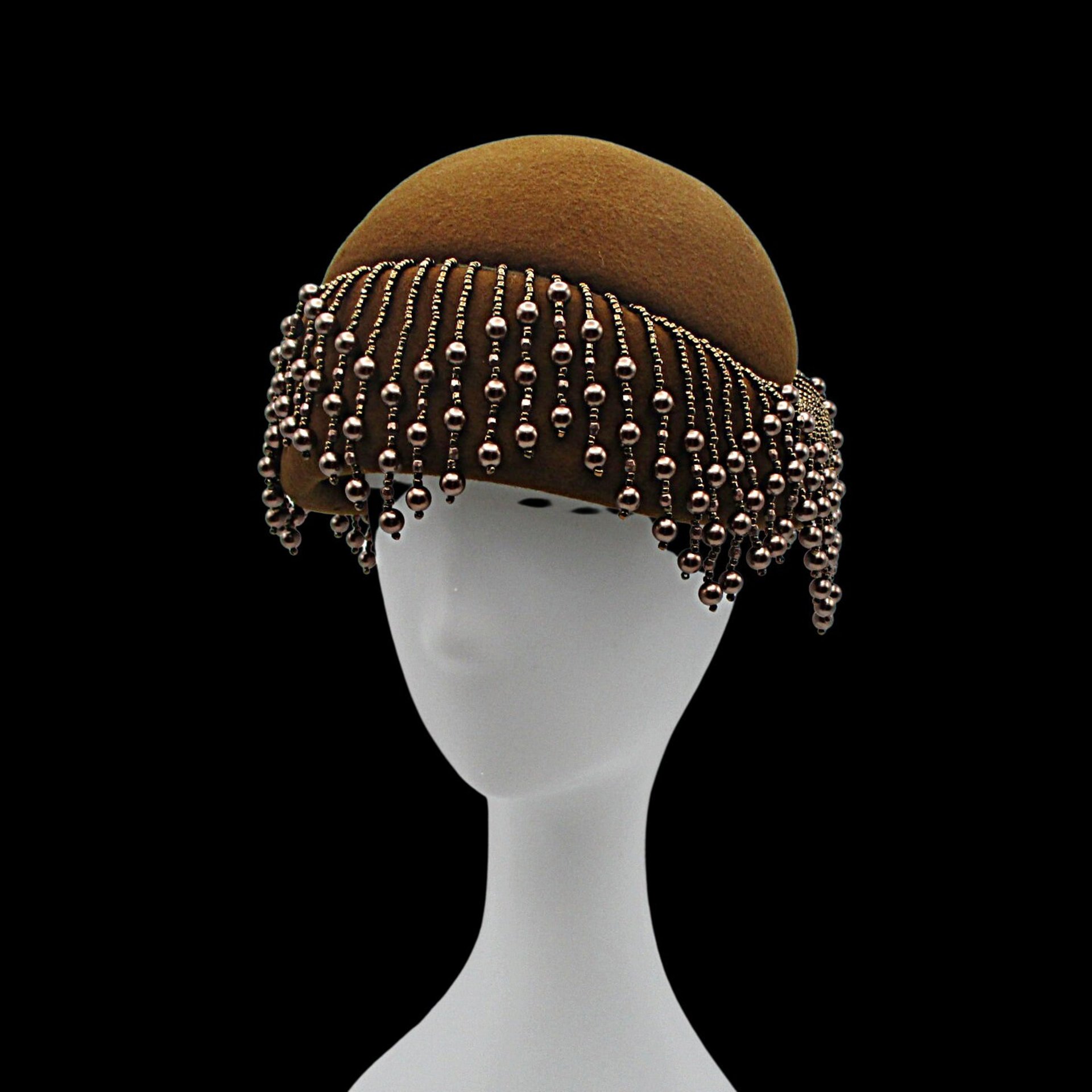 Mid Century, Beaded Hat or Cap, Gatsby Look, Graduated Hanging Beadwork, Beaded Flapper Hat, Cloche Hat, Rich Copper Wool