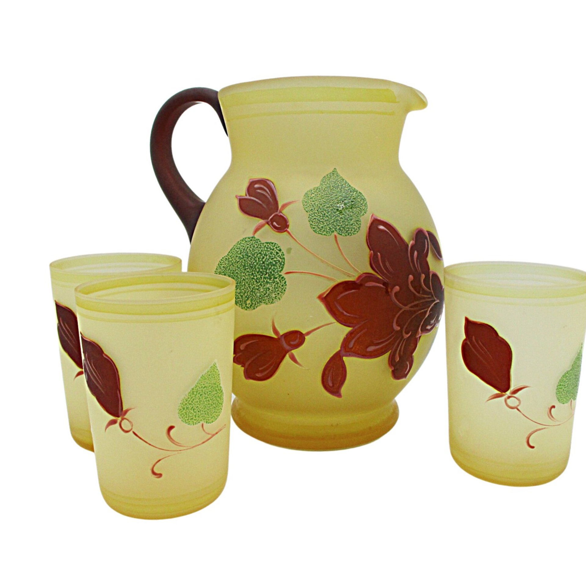 Hazel Atlas Pitcher and Juice Glasses, Frosted Yellow, Hand Painted Florals, Burgundy and Green, 4pc Set