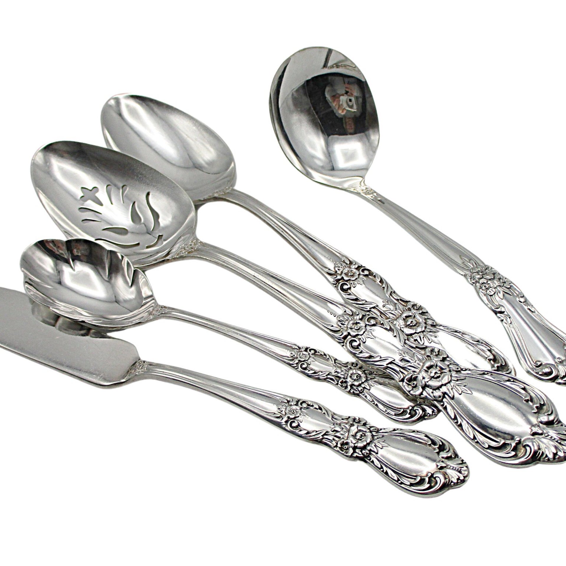 Roger Bro Heritage Hostess Set Silver Plate, 5pc, Slotted and Serving Spoon, Ladle, Butter Knife, Sugar Spoon, Wonderful Condition