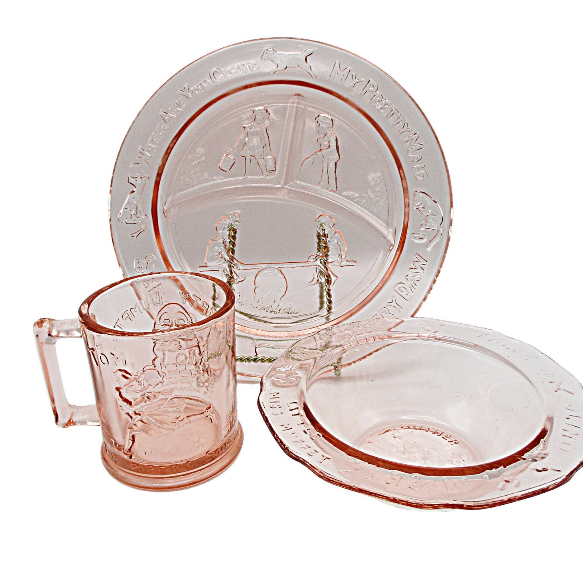 Pink Tiara Glass Toddler Childs Dish Set, Cup, Plate and Bowl, Nursery Rhymes, Baby Shower Gift, Gift for Grandchild, Wonderful Condition