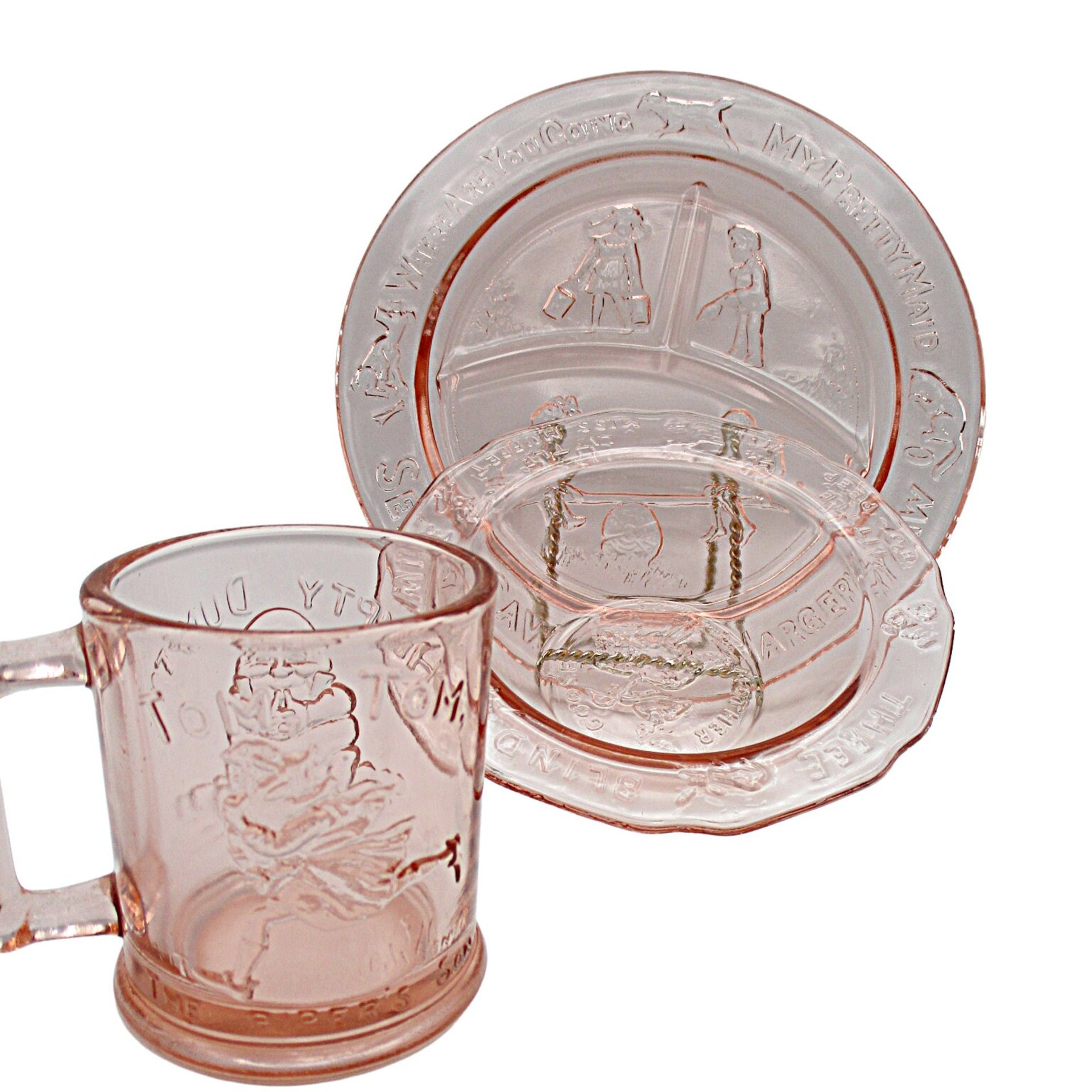 Pink Tiara Glass Toddler Childs Dish Set, Cup, Plate and Bowl, Nursery Rhymes, Baby Shower Gift, Gift for Grandchild, Wonderful Condition
