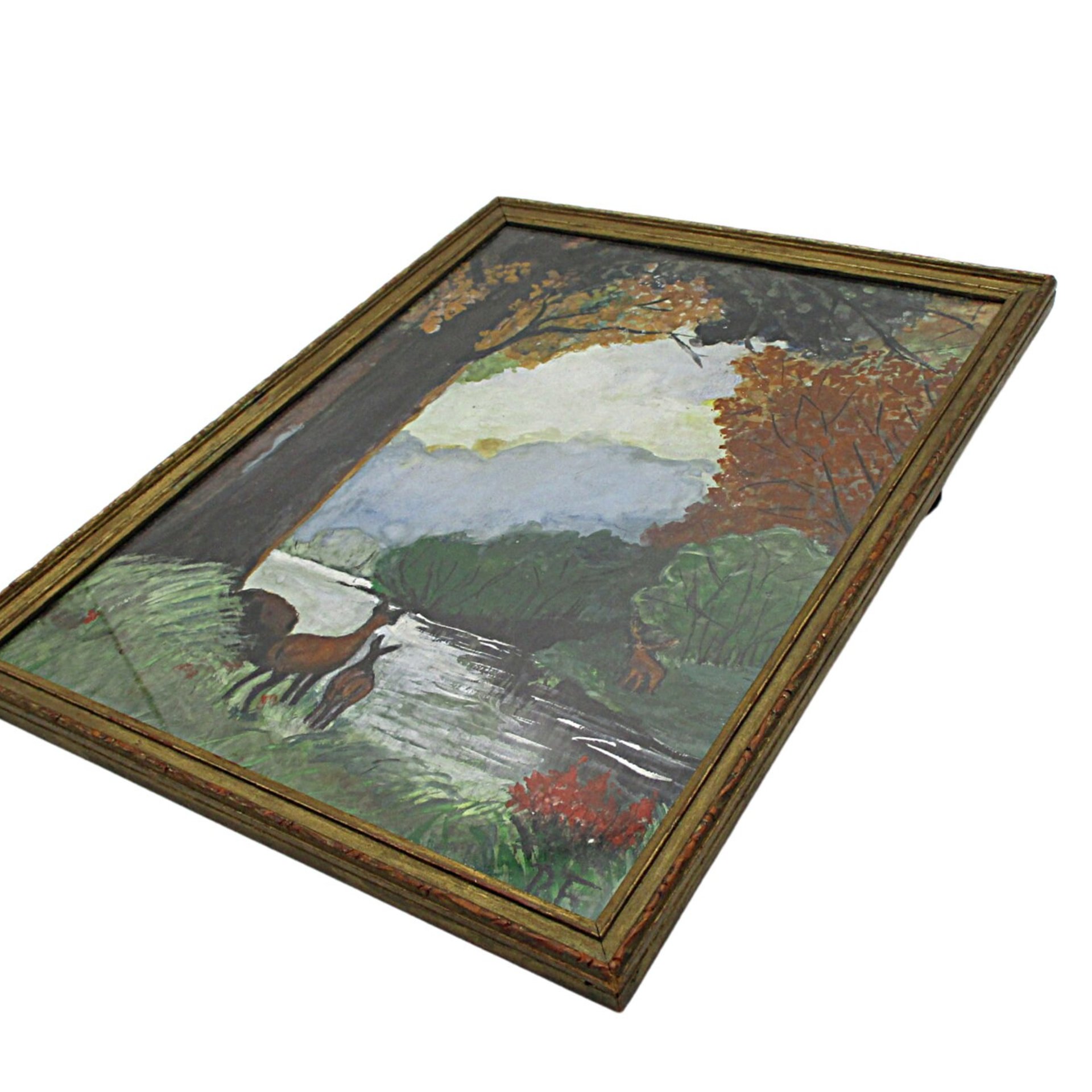 Wildlife Print, Watercolor? Framed Under Glass, Deer by Lake, with Trees, Serene , Deep Rich Colors, Lake House or Cabin Wall Decor