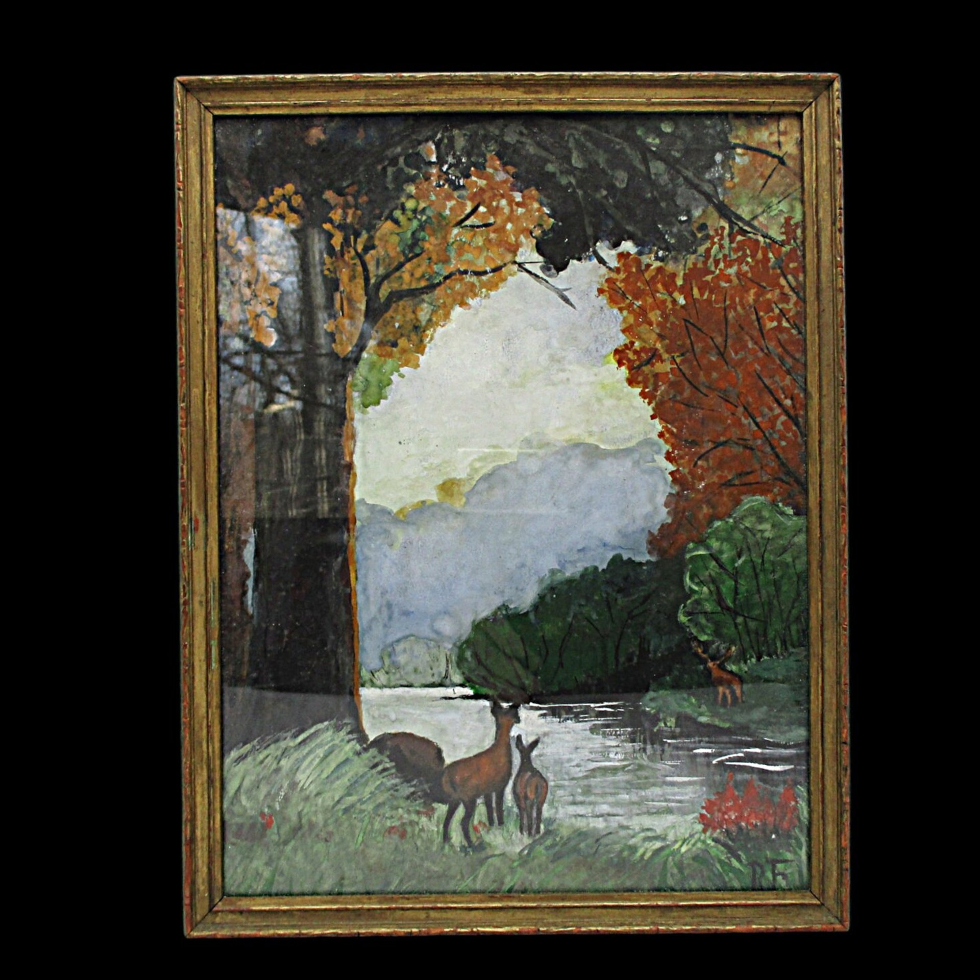 Wildlife Print, Watercolor? Framed Under Glass, Deer by Lake, with Trees, Serene , Deep Rich Colors, Lake House or Cabin Wall Decor