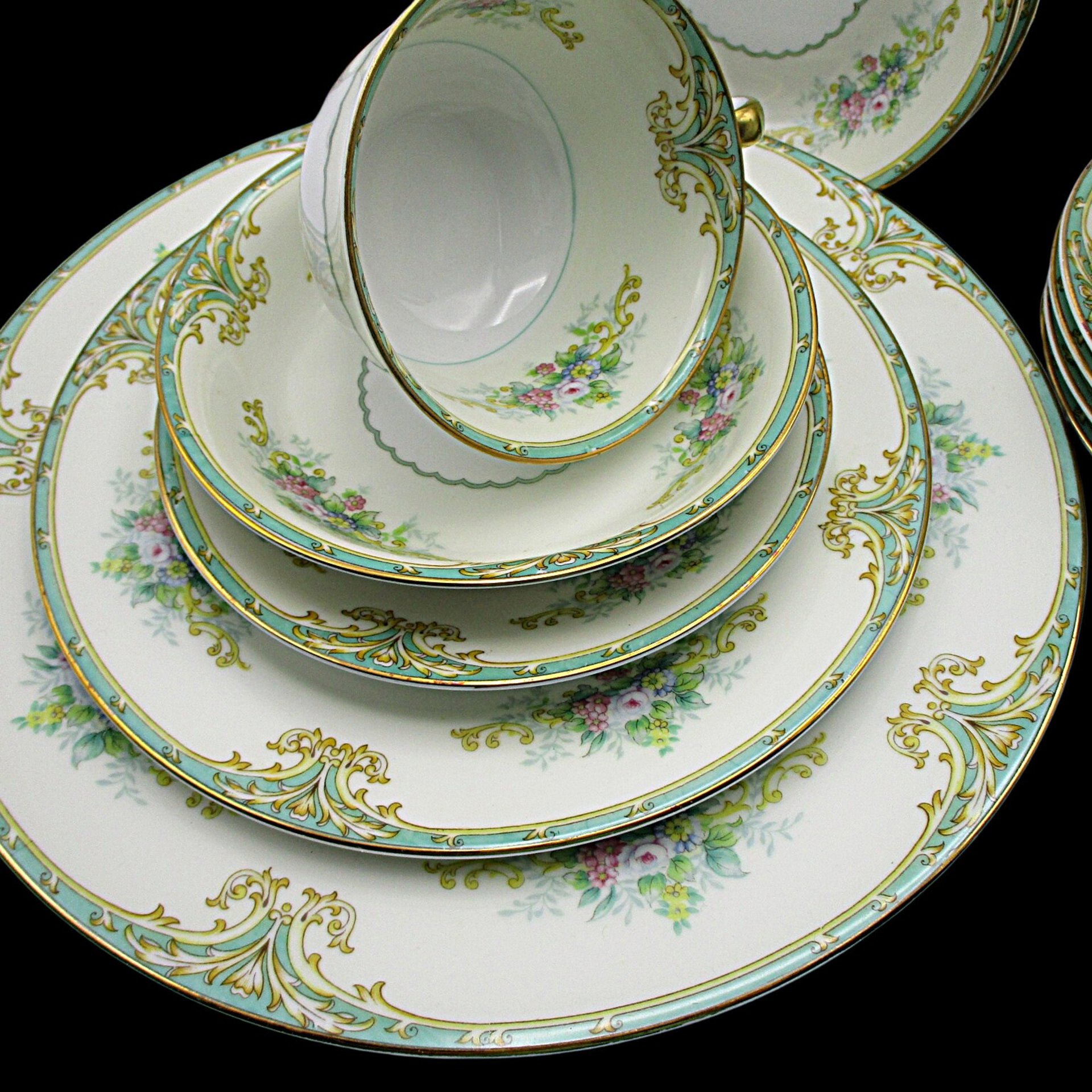 Noritake M Fine China, Replacement Pieces, Green and Gold, Pink Florals, Similar Elroy, Dinner and Salad Plates, Bowls, Cup and Saucer Sets