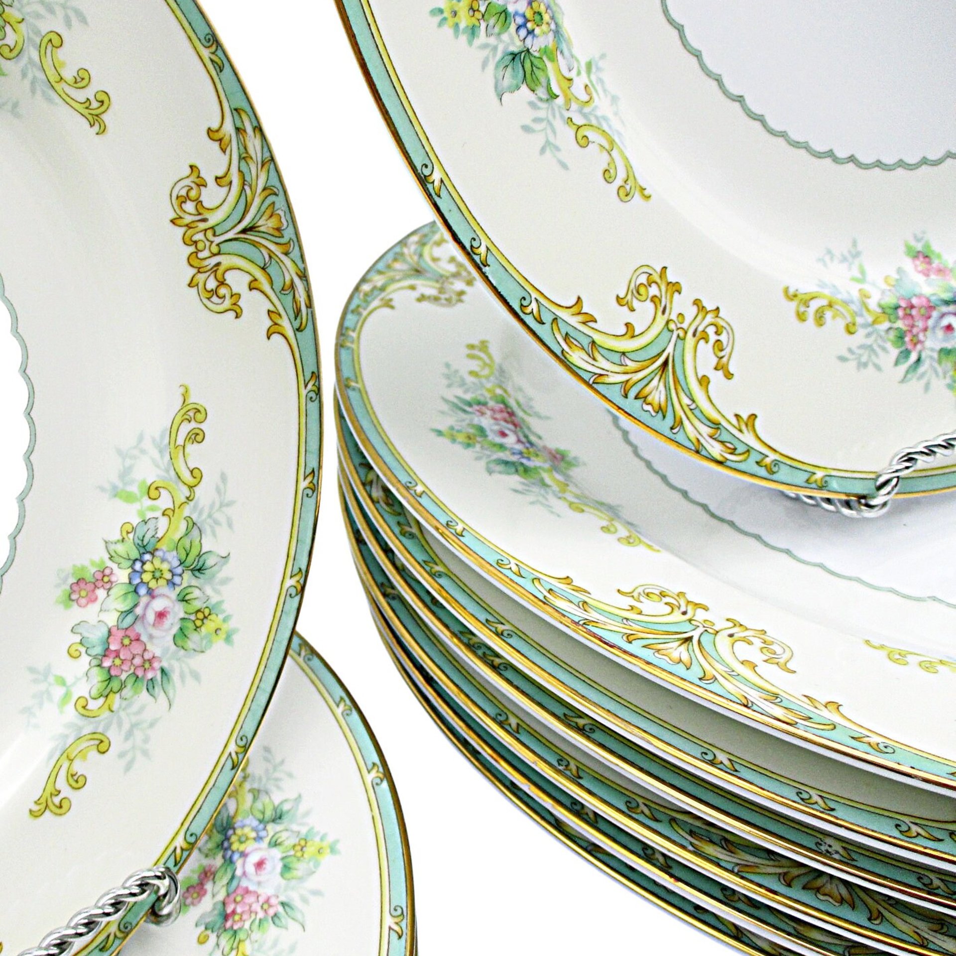 Noritake M Fine China, Replacement Pieces, Green and Gold, Pink Florals, Similar Elroy, Dinner and Salad Plates, Bowls, Cup and Saucer Sets
