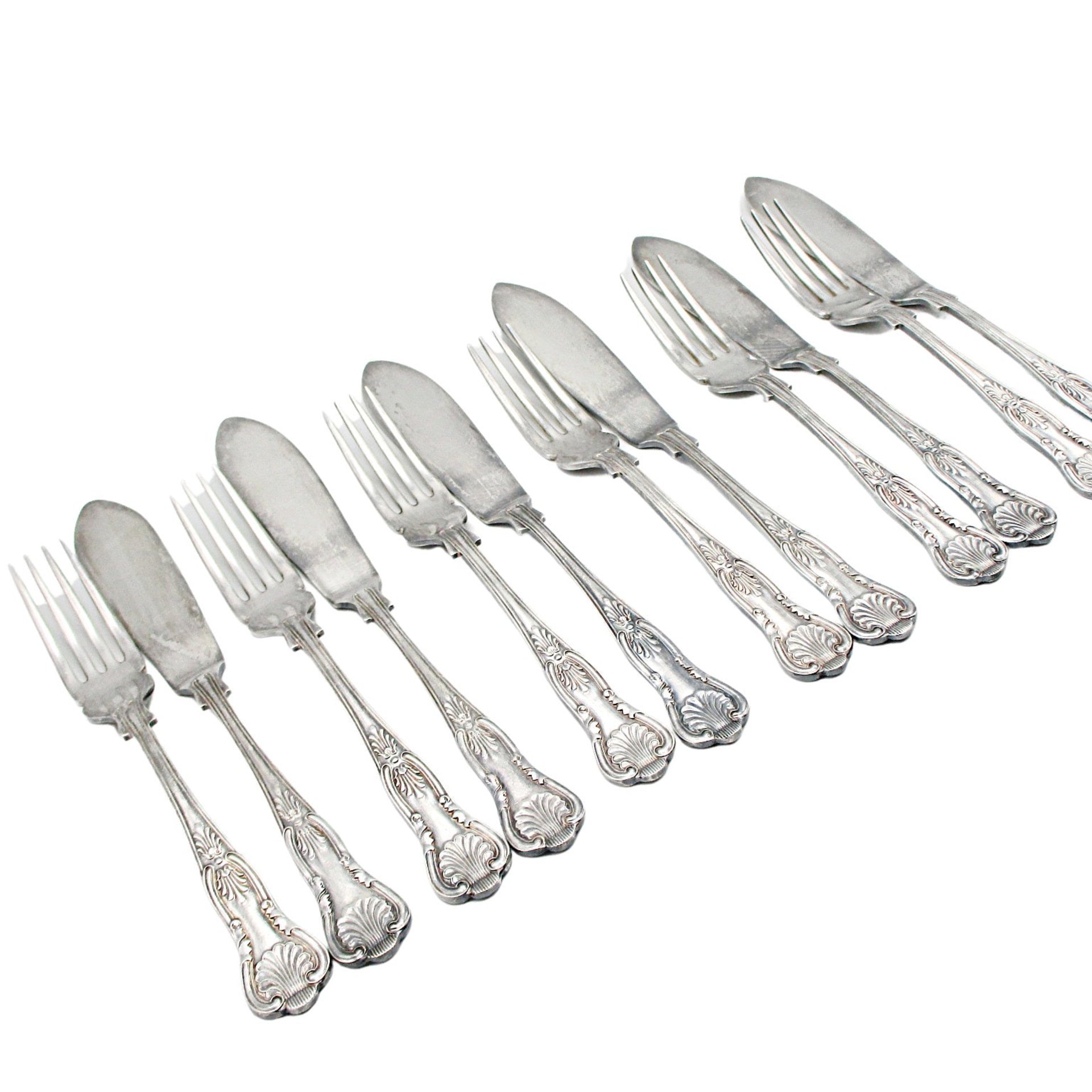 PM EPNS Silver Plate Flatware, Kings Pattern, 12pc Fish Serving Set, 6 Fish Knives, 6 Fish Forks, Philip Marks of Sheffield England