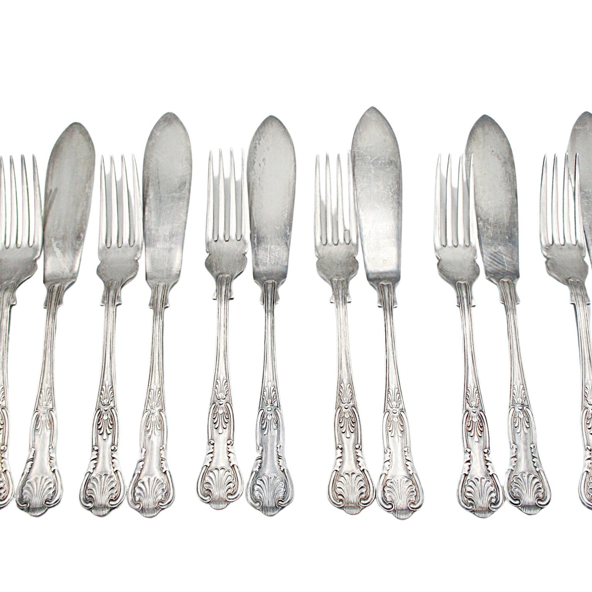 PM EPNS Silver Plate Flatware, Kings Pattern, 12pc Fish Serving Set, 6 Fish Knives, 6 Fish Forks, Philip Marks of Sheffield England