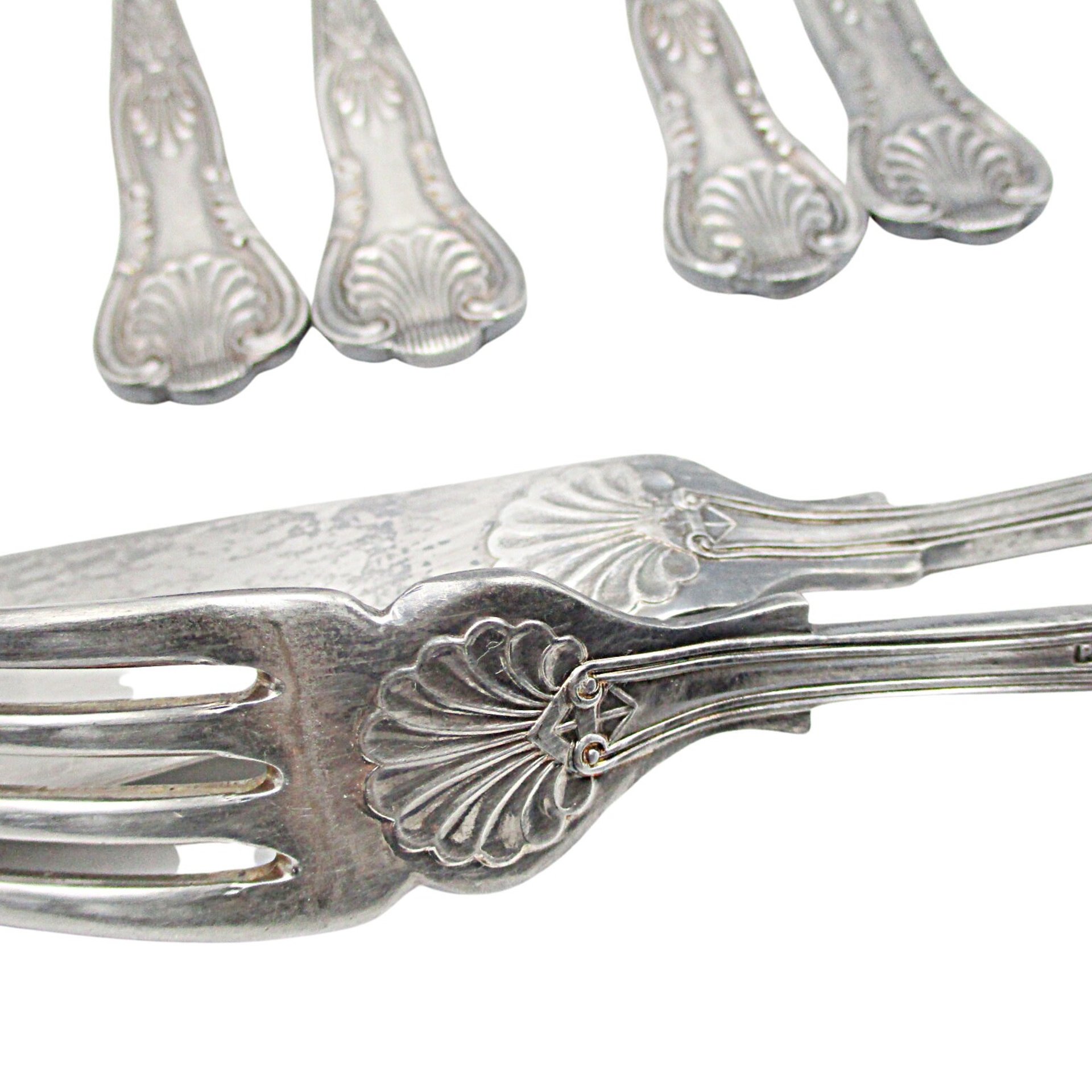 PM EPNS Silver Plate Flatware, Kings Pattern, 12pc Fish Serving Set, 6 Fish Knives, 6 Fish Forks, Philip Marks of Sheffield England