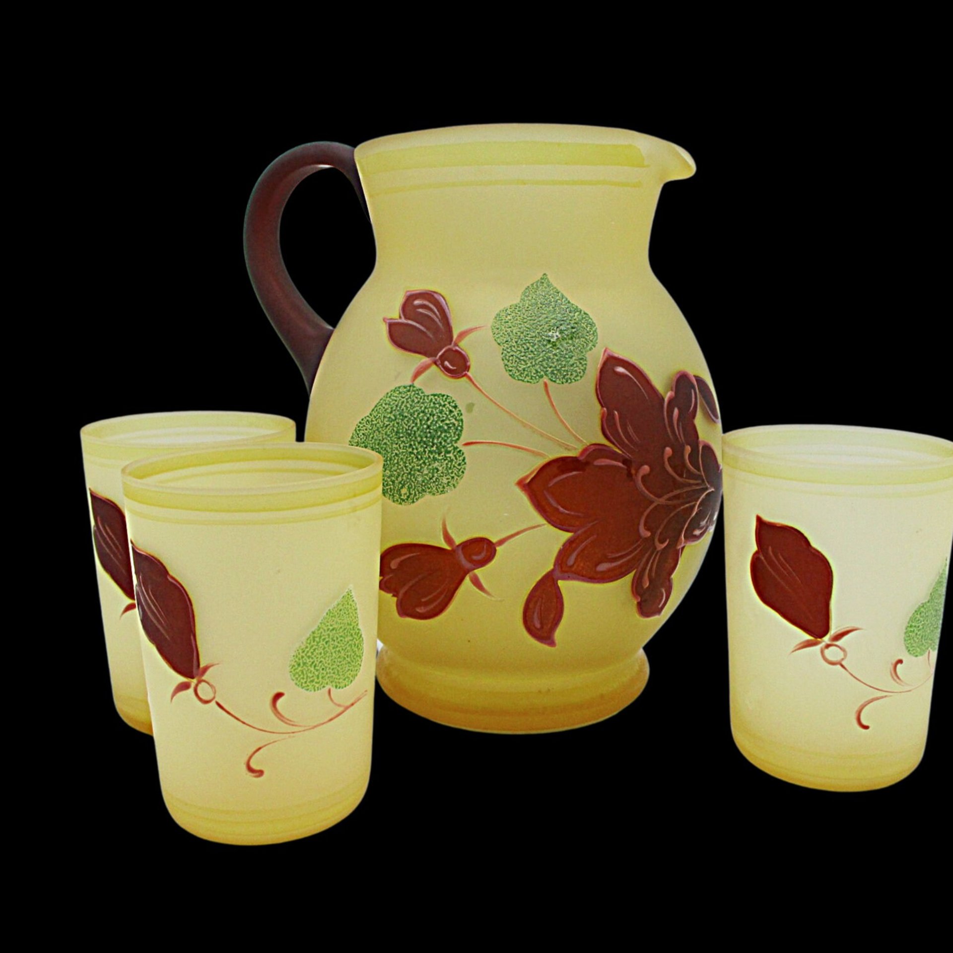 Hazel Atlas Pitcher and Juice Glasses, Frosted Yellow, Hand Painted Florals, Burgundy and Green, 4pc Set