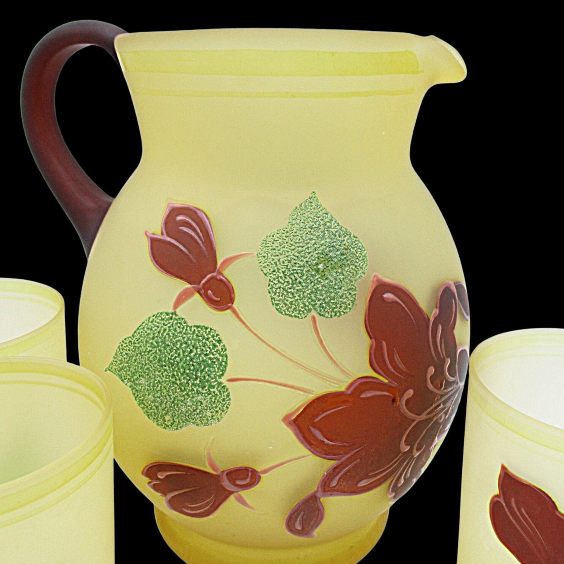 Hazel Atlas Pitcher and Juice Glasses, Frosted Yellow, Hand Painted Florals, Burgundy and Green, 4pc Set