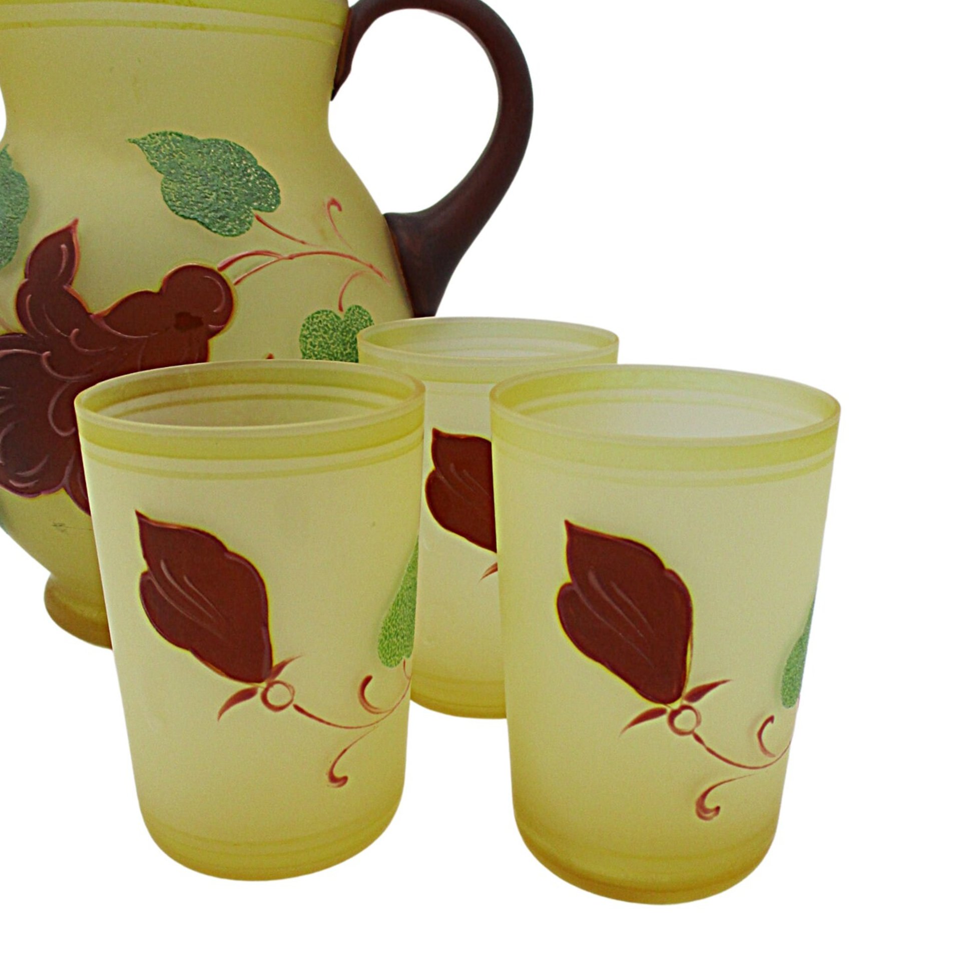 Hazel Atlas Pitcher and Juice Glasses, Frosted Yellow, Hand Painted Florals, Burgundy and Green, 4pc Set