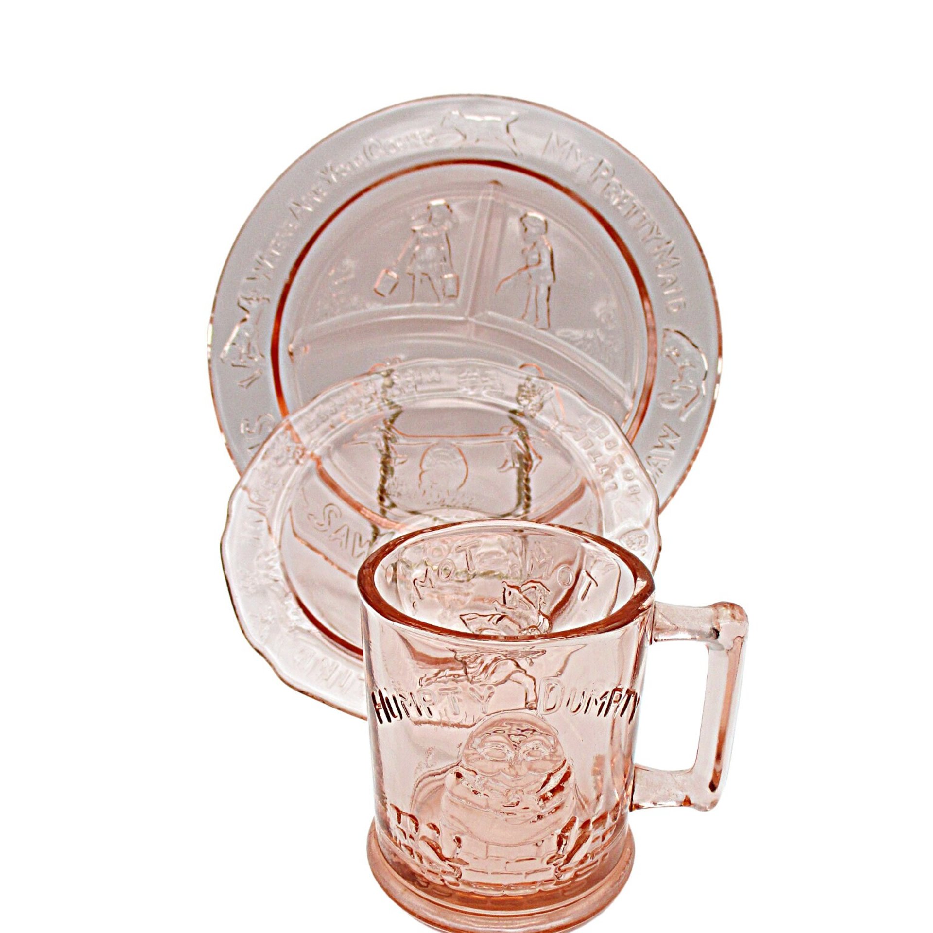 Pink Tiara Glass Toddler Childs Dish Set, Cup, Plate and Bowl, Nursery Rhymes, Baby Shower Gift, Gift for Grandchild, Wonderful Condition