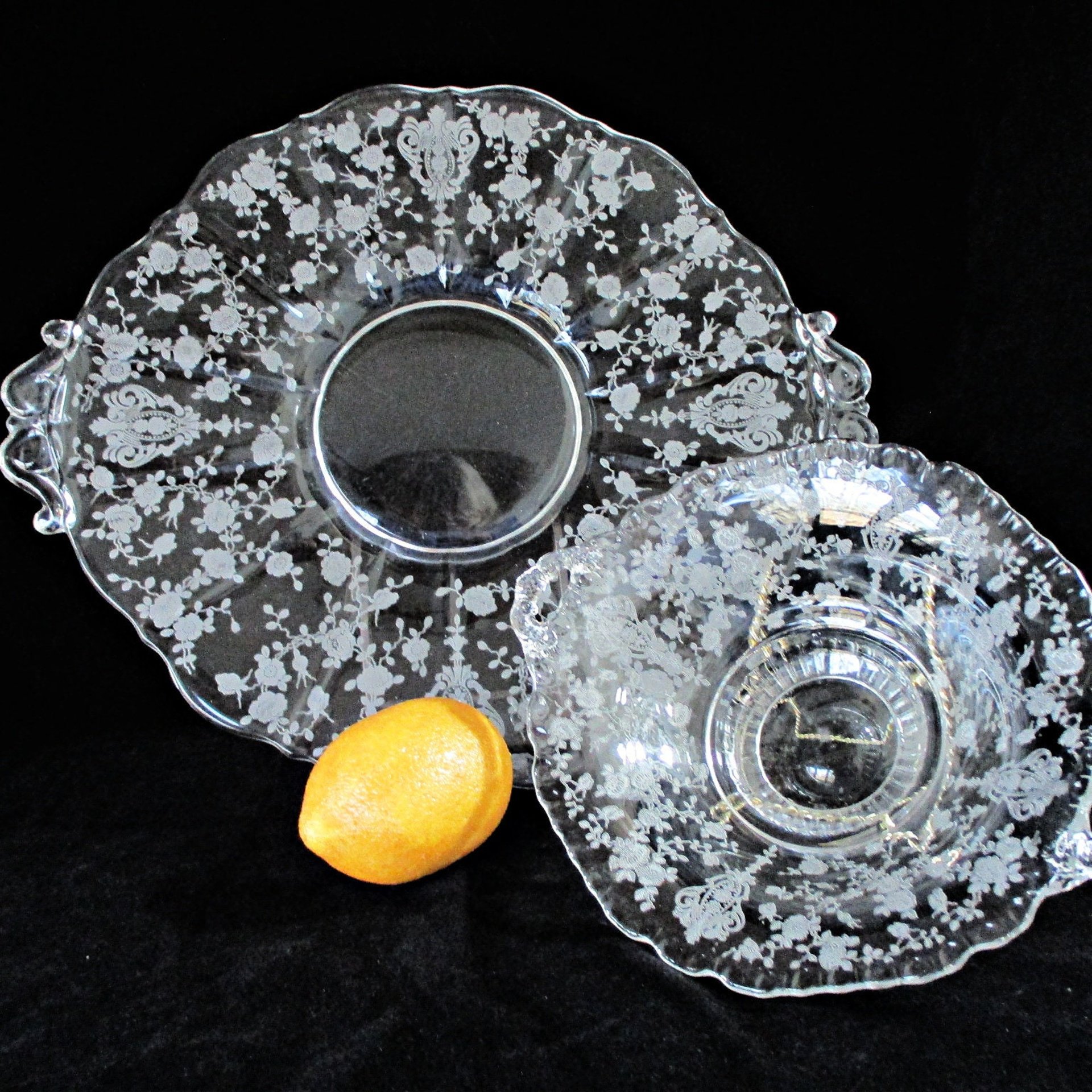 Cambridge Etched Platter and Bowl, Rose Point, Cheese and Cracker Plate, Serving Tray, AND Handled Bowl, Wedding or Bridal Shower