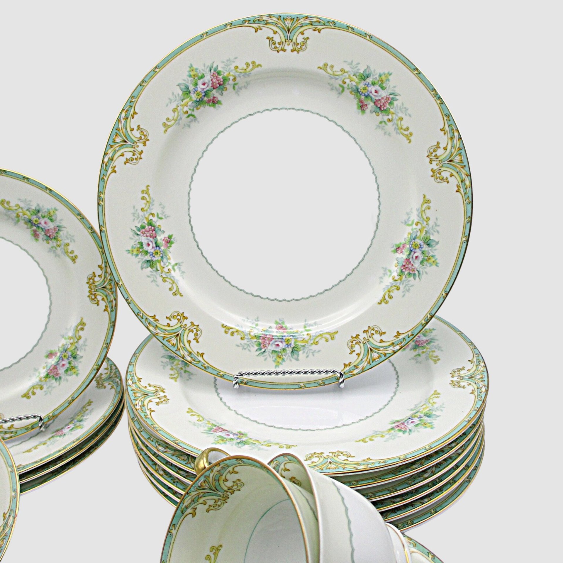 Noritake M Fine China, Replacement Pieces, Green and Gold, Pink Florals, Similar Elroy, Dinner and Salad Plates, Bowls, Cup and Saucer Sets