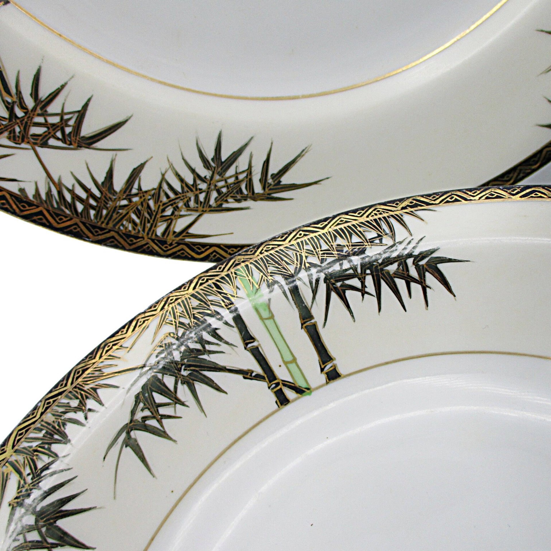 Tropical Bamboo Dinnerware, Gold Accents, Black, Green on White Background, Sets of Plates and Bowls, Your Choice, Japan