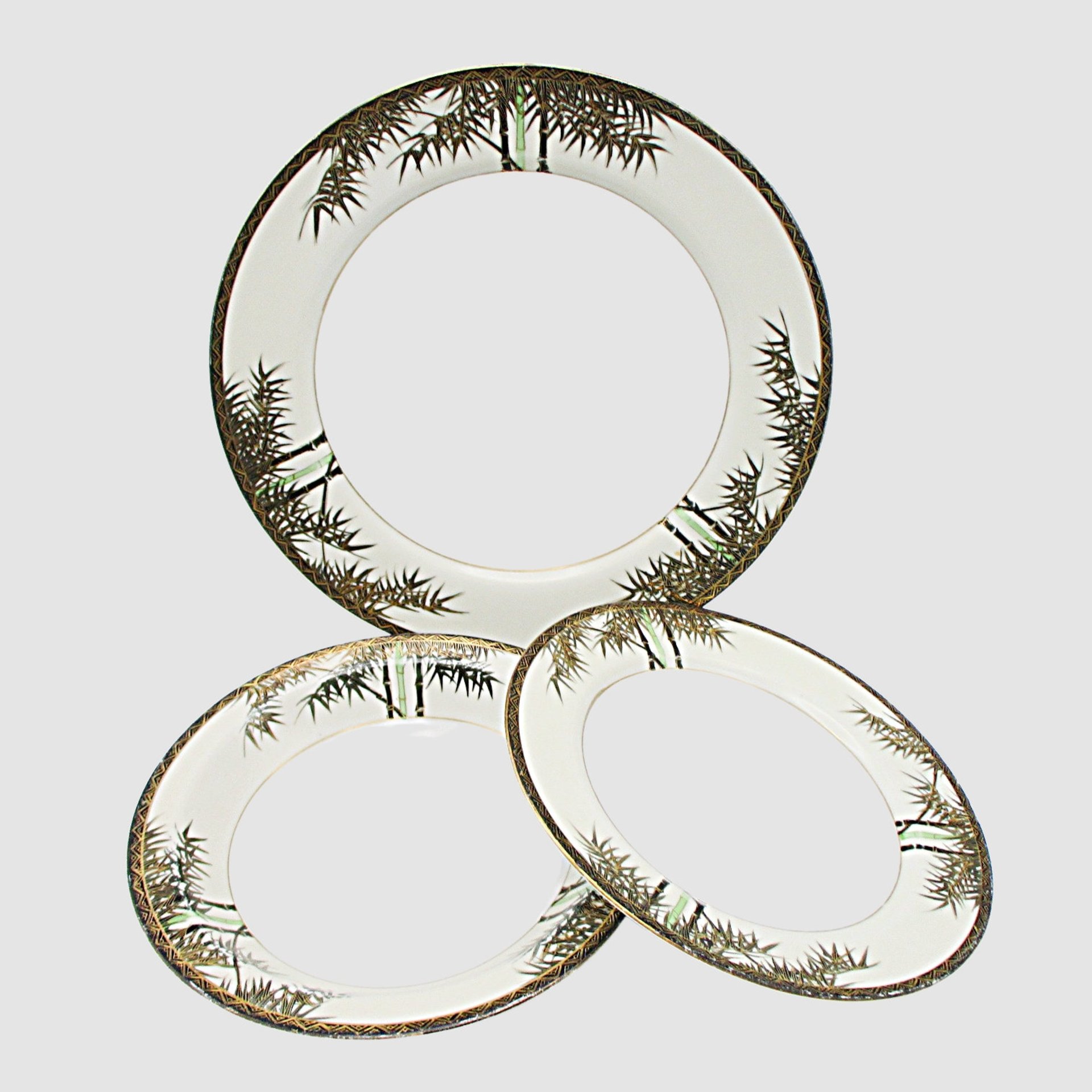 Tropical Bamboo Dinnerware, Gold Accents, Black, Green on White Background, Sets of Plates and Bowls, Your Choice, Japan